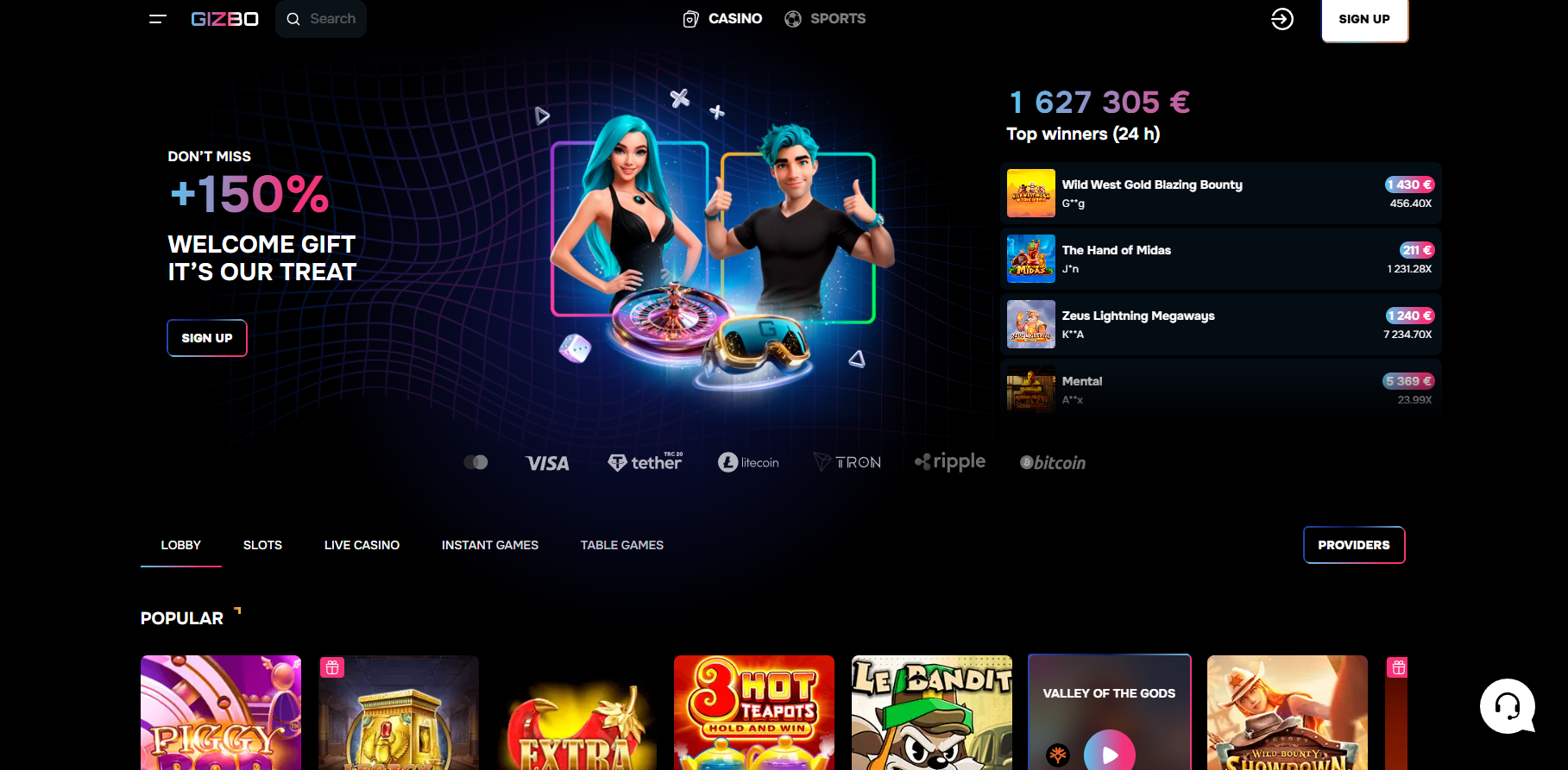 Gizbo Casino screenshot: Homepage