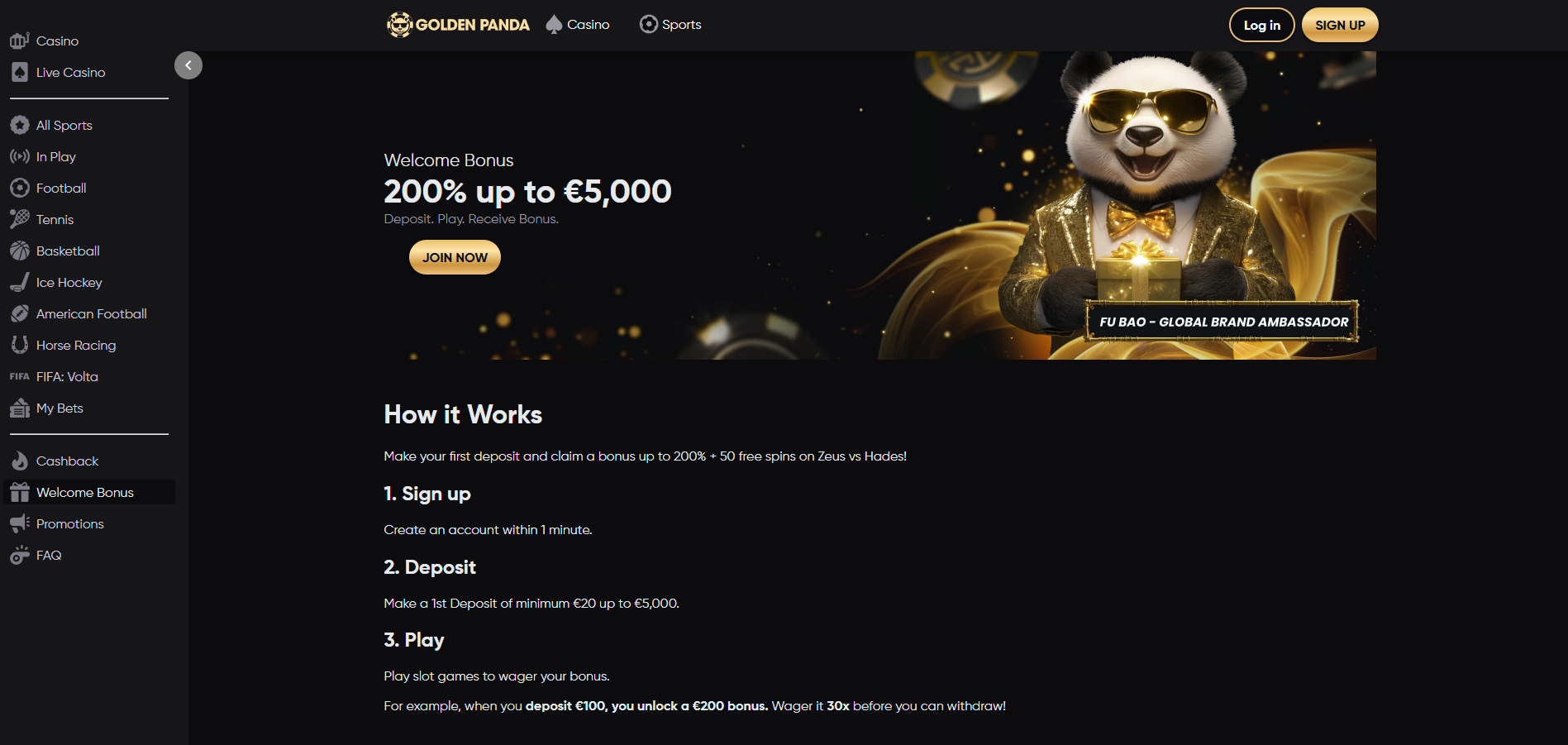 Golden Panda Casino screenshot: Homepage