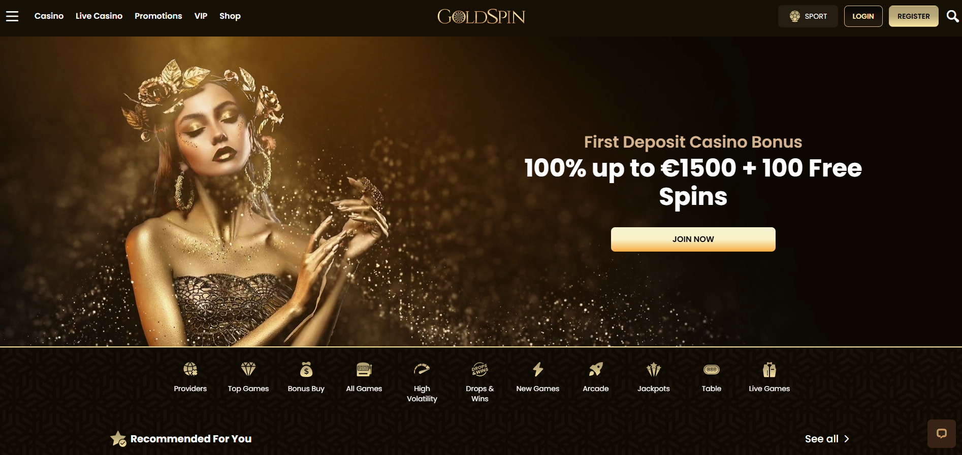Goldspin screenshot: Homepage