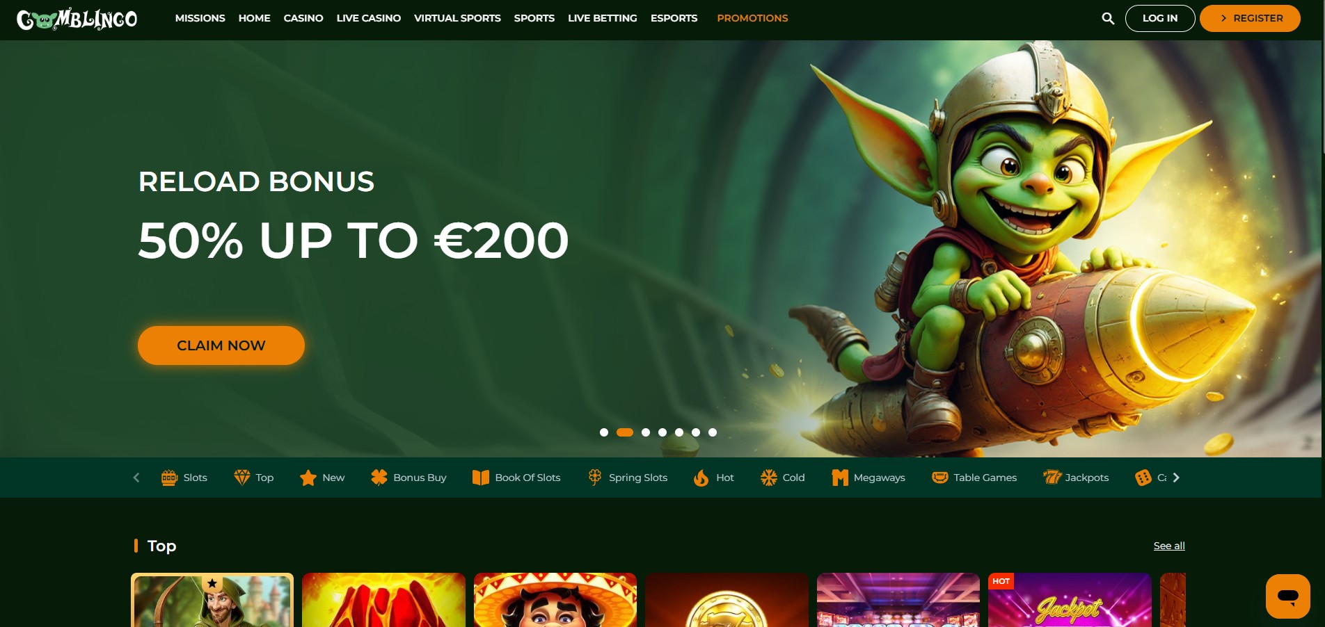 Gomblingo Casino screenshot: Homepage