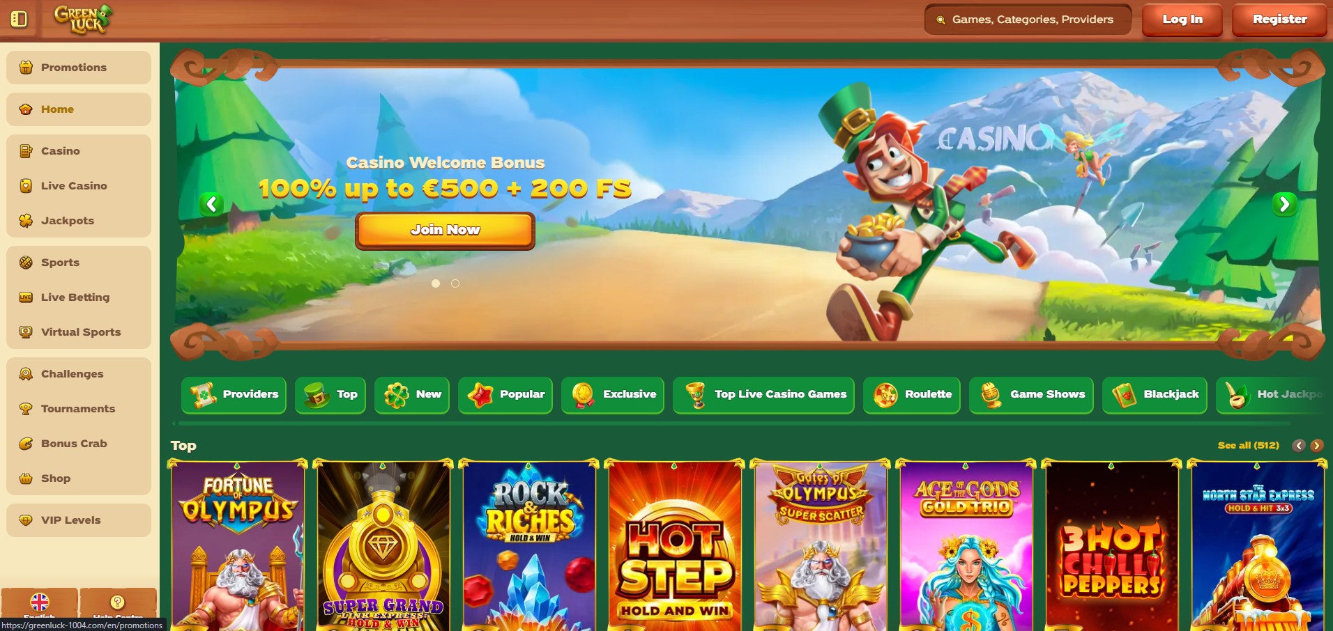 Greenluck Casino screenshot: Homepage