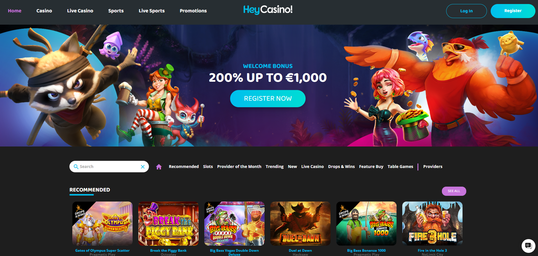 Hey Casino screenshot: Homepage