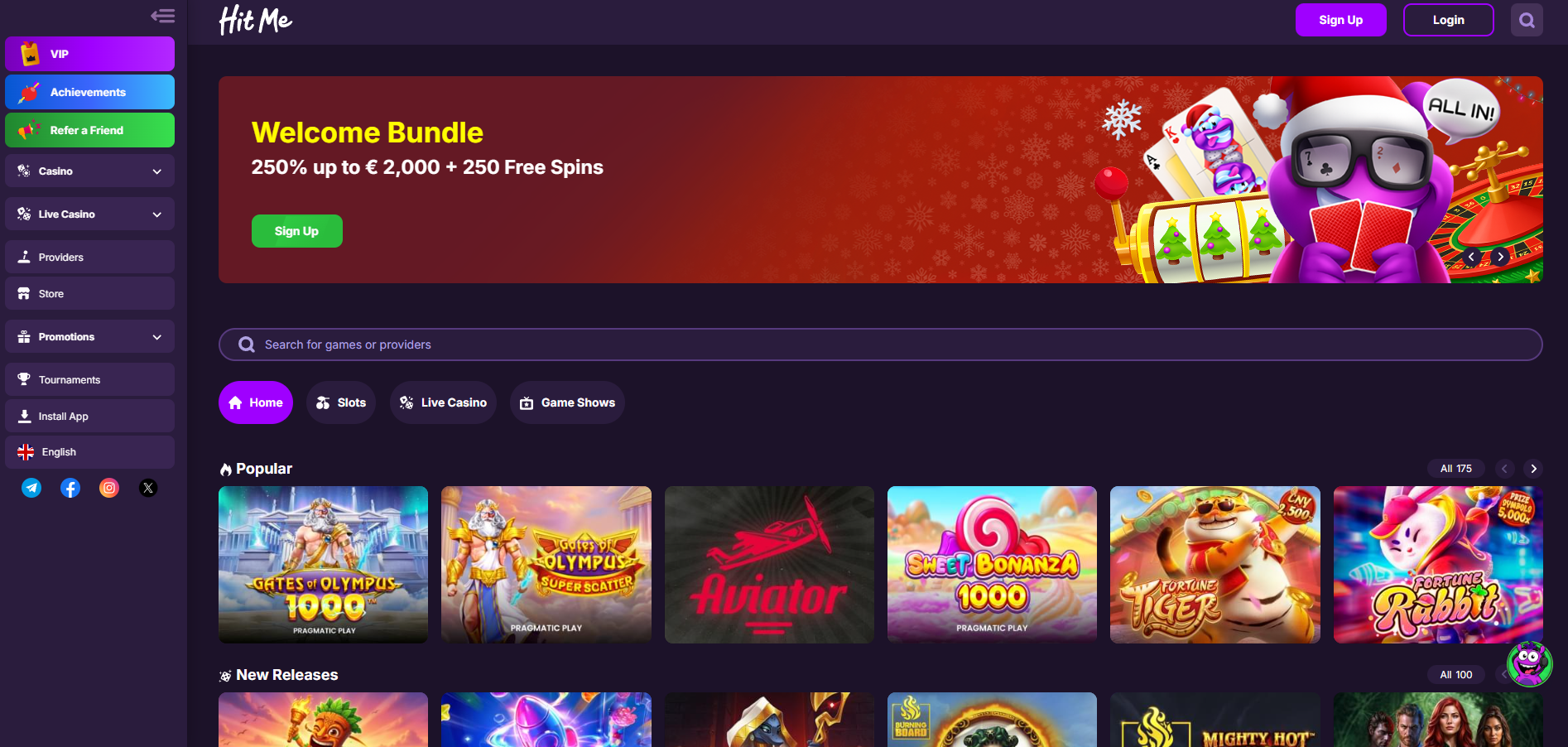 Hit Me Casino screenshot: Homepage