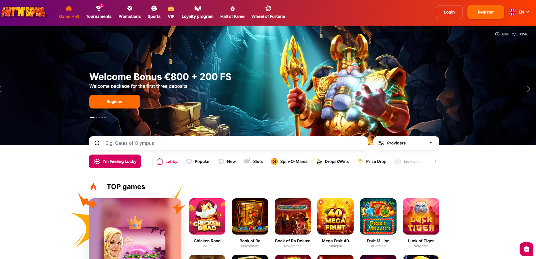 HitNSpin Casino screenshot: Homepage