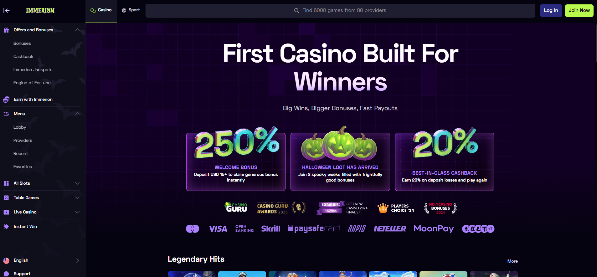 Immerion Casino screenshot: Homepage