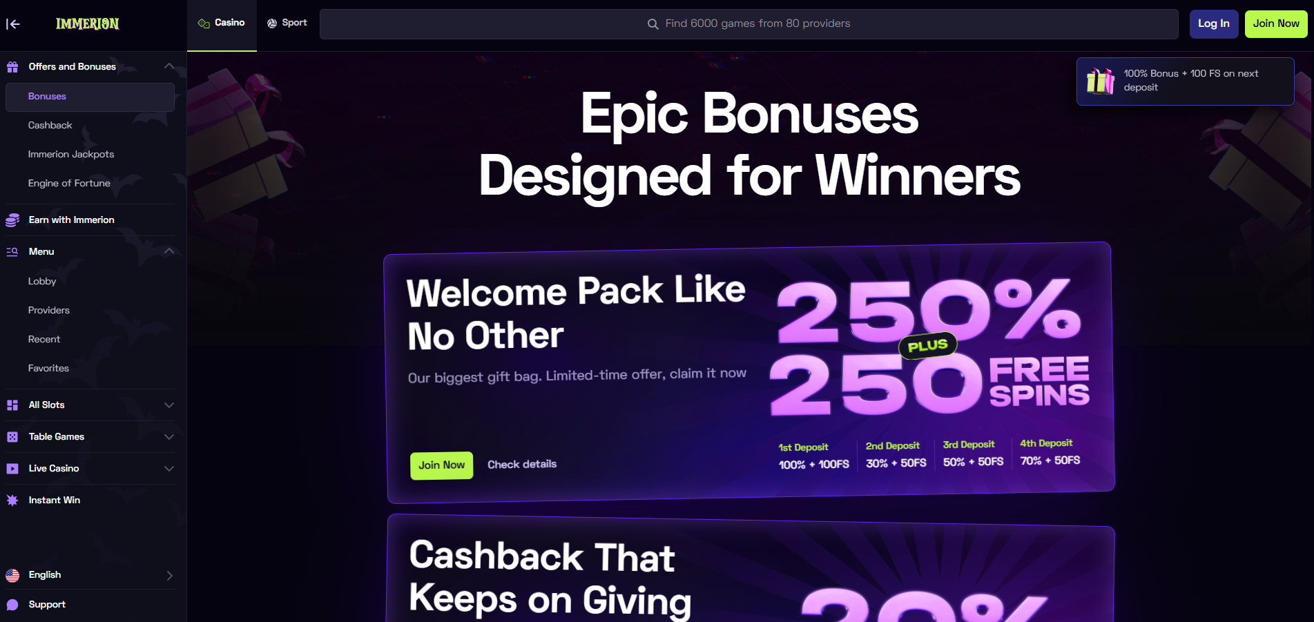 Immerion Casino screenshot: Promotions