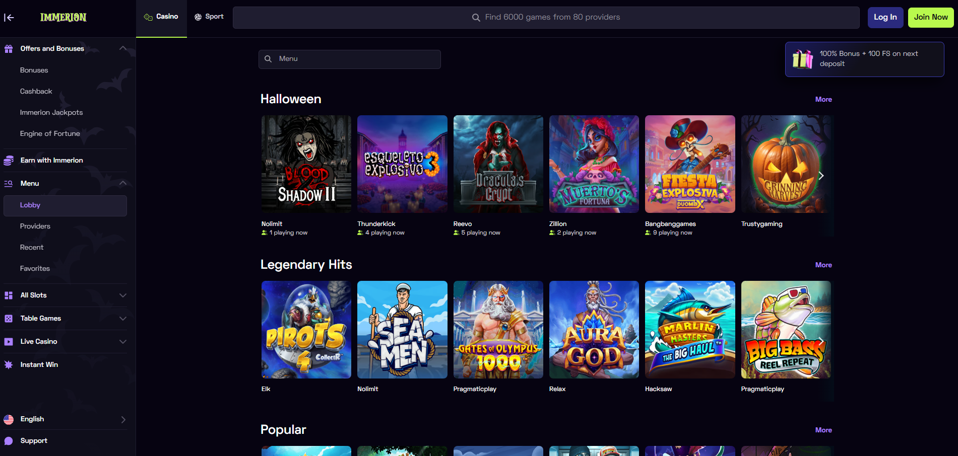 Immerion Casino screenshot: Slots