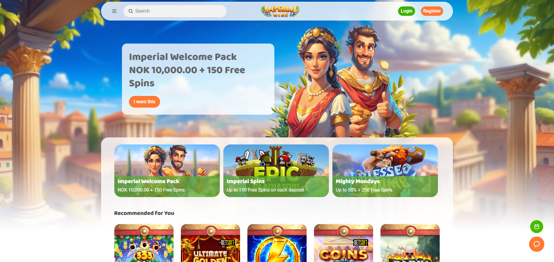 Imperial Wins screenshot: Homepage