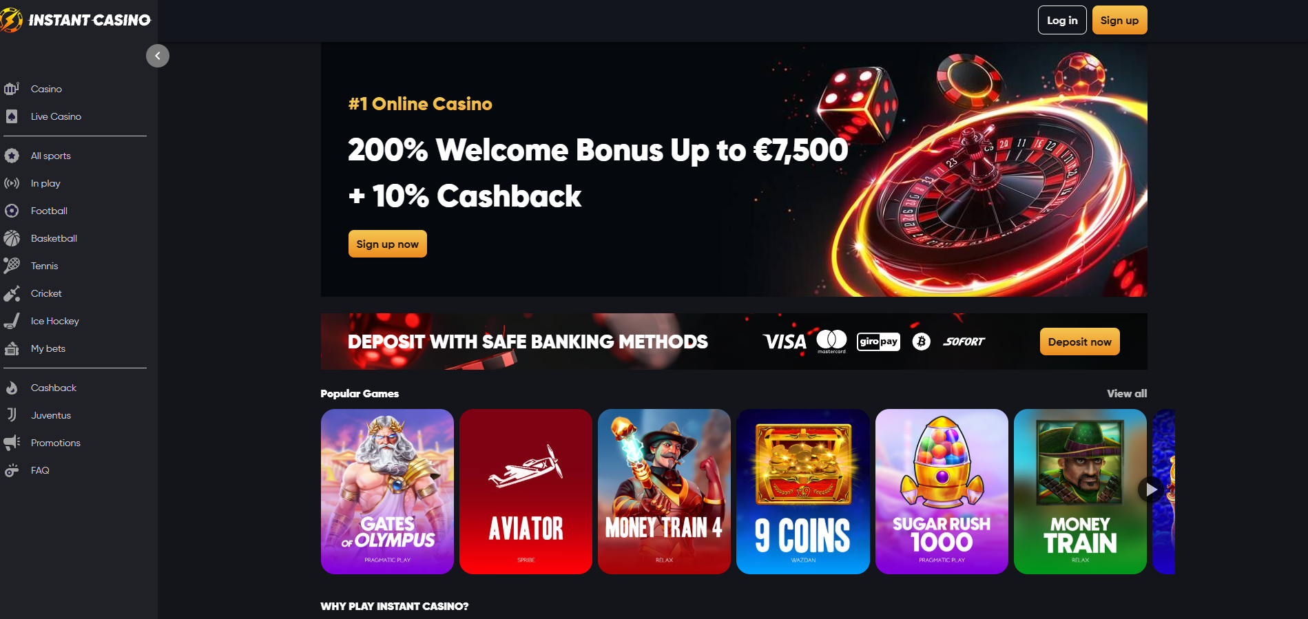 Instant Casino screenshot: Homepage