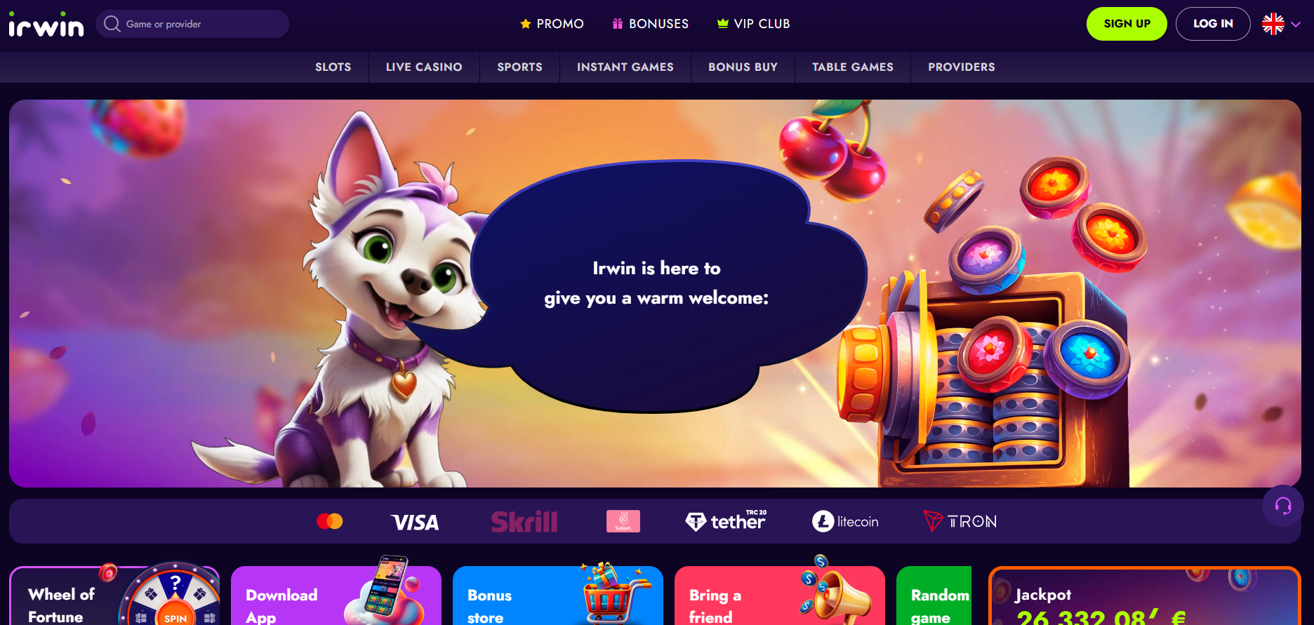 Irwin Casino screenshot: Homepage