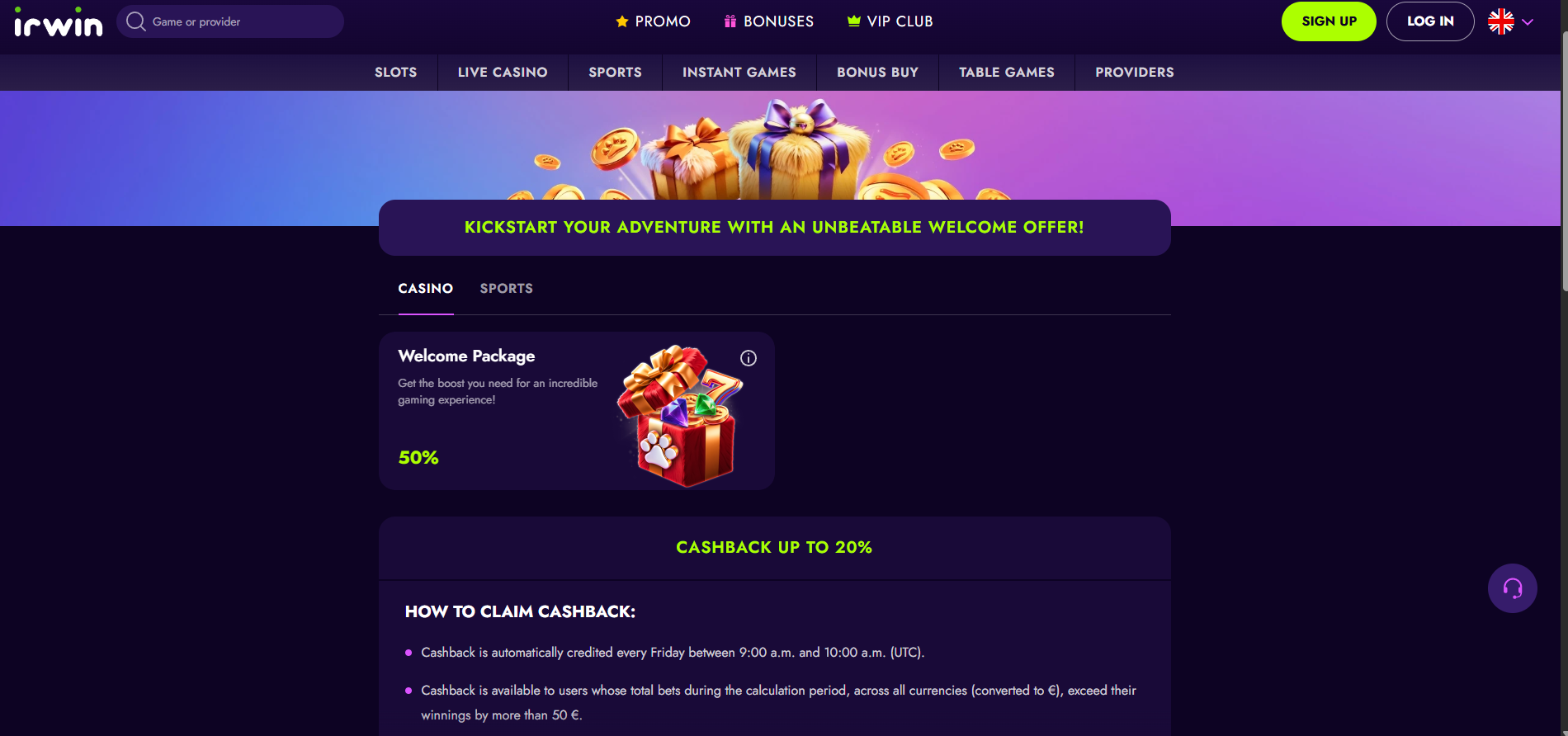 Irwin Casino screenshot: Promotions