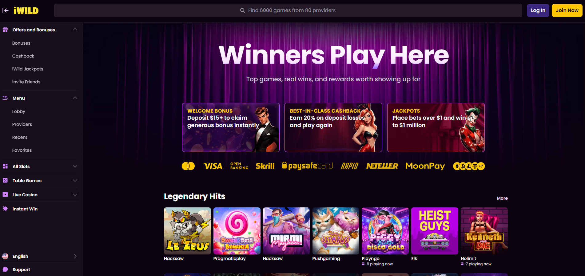 iWild Casino screenshot: Homepage