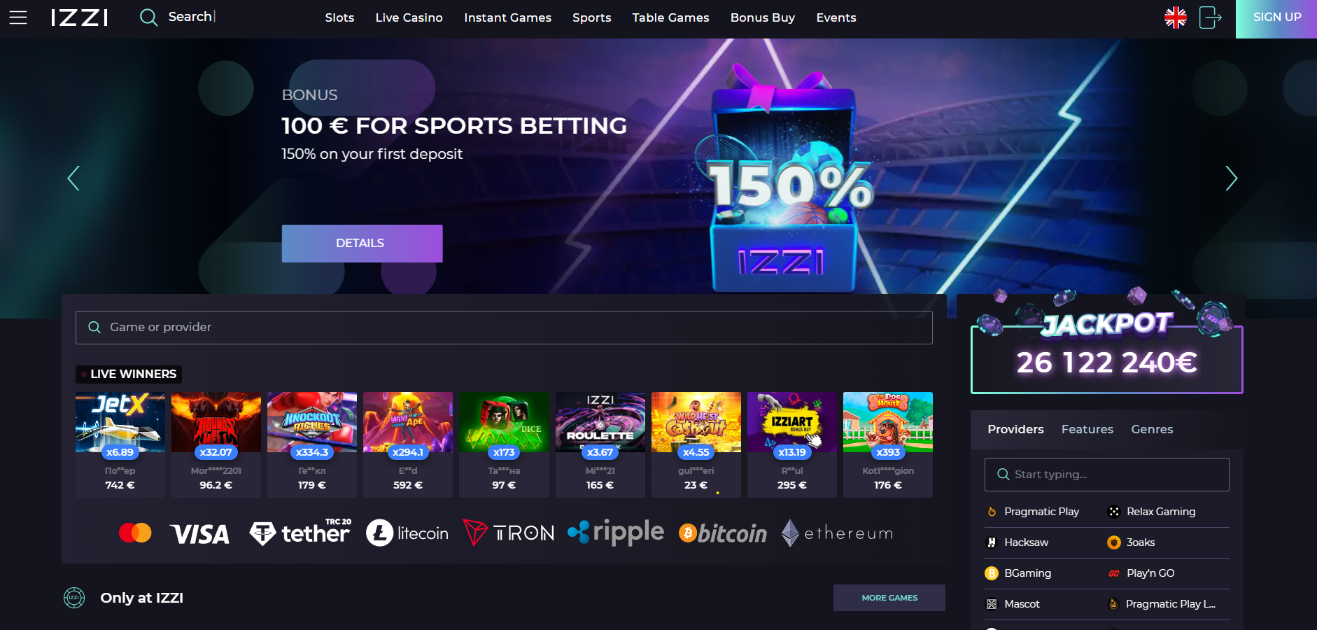 Izzi Casino screenshot: Homepage