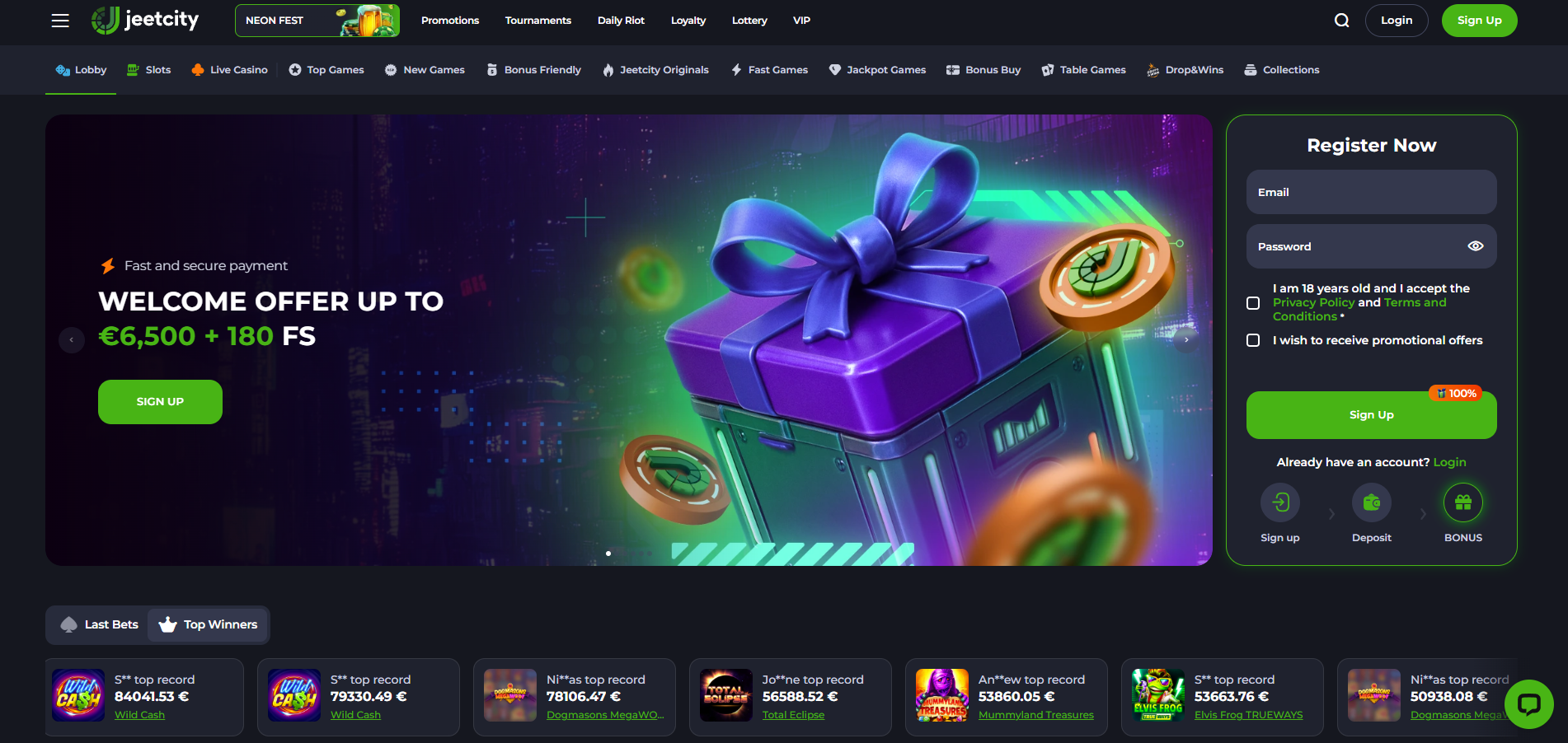Jeetcity Casino screenshot: Homepage