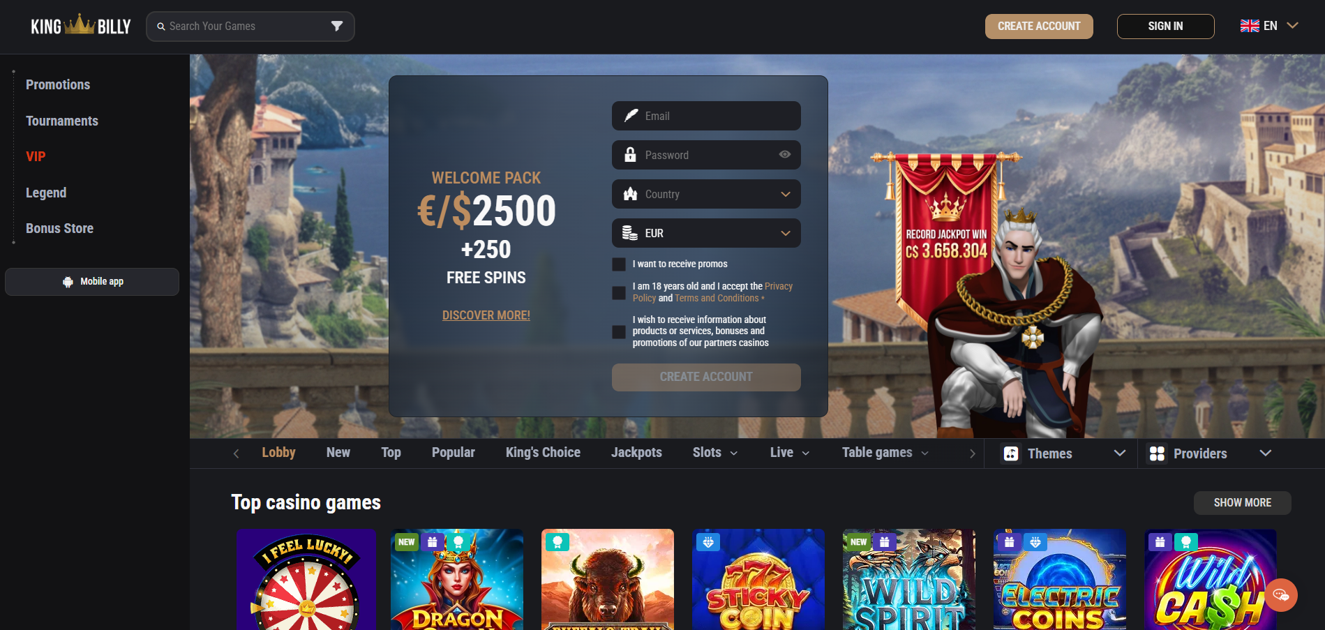 King Billy Casino screenshot: Homepage