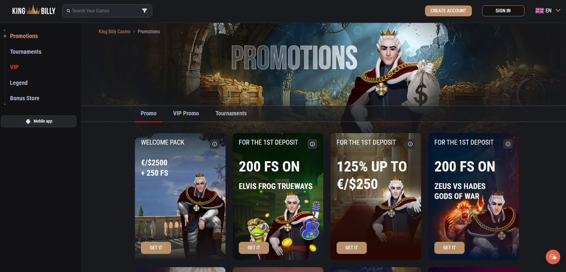 King Billy Casino screenshot: Promotions