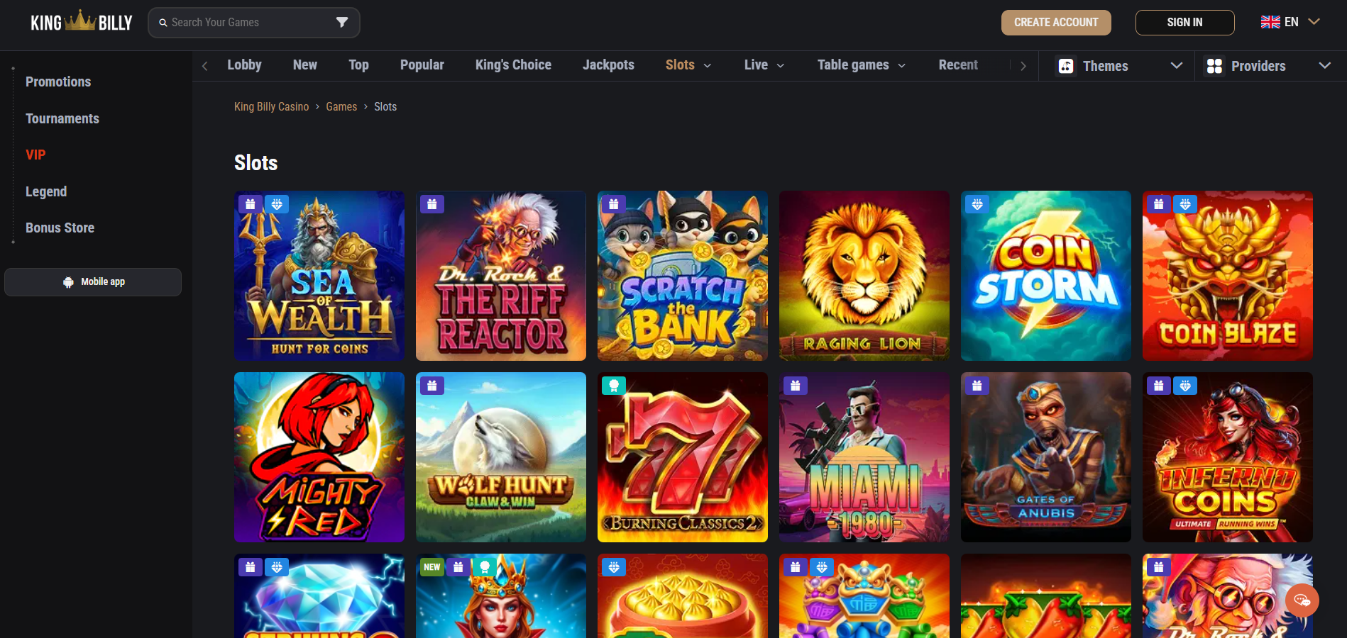 King Billy Casino screenshot: Slots