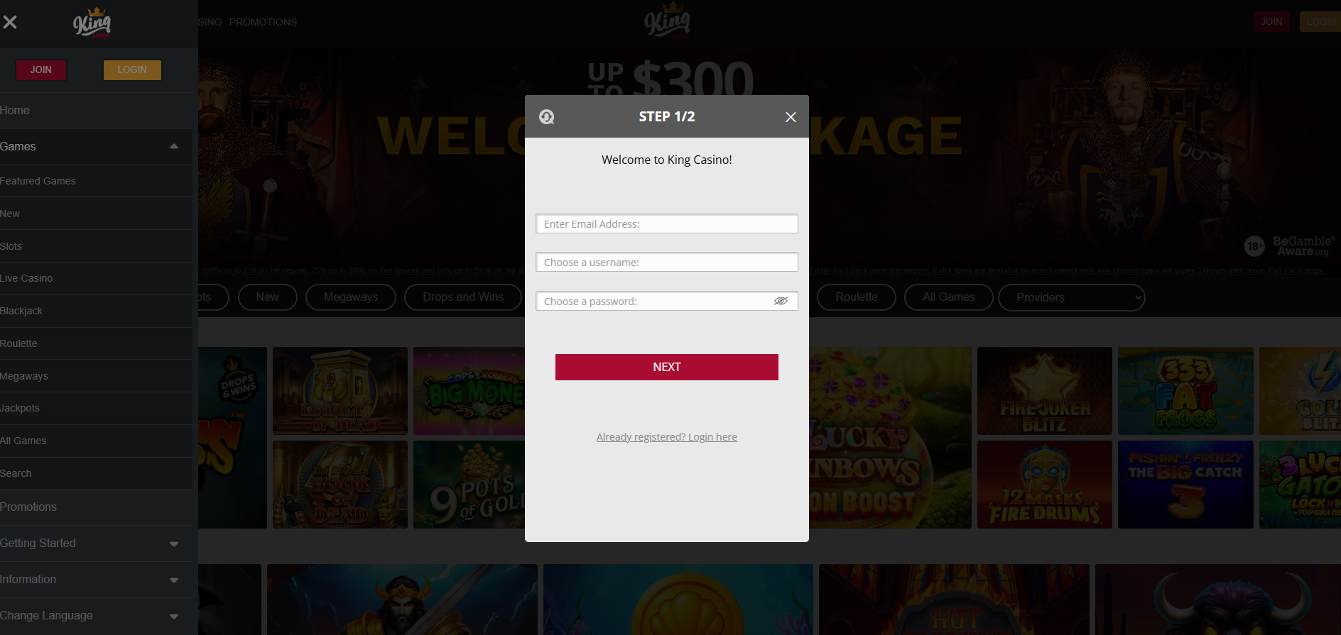 King Casino screenshot: Homepage