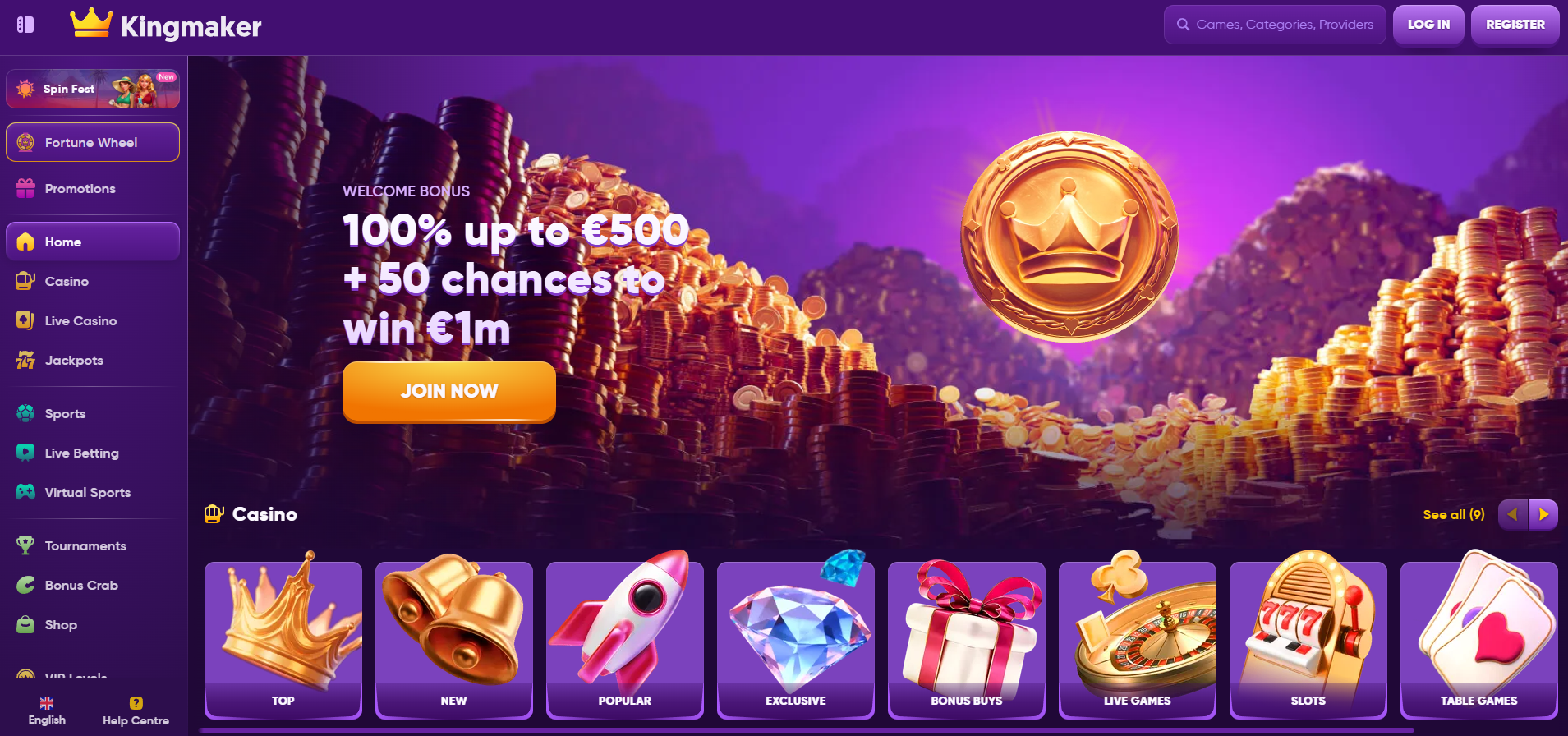Kingmaker Casino screenshot: Homepage