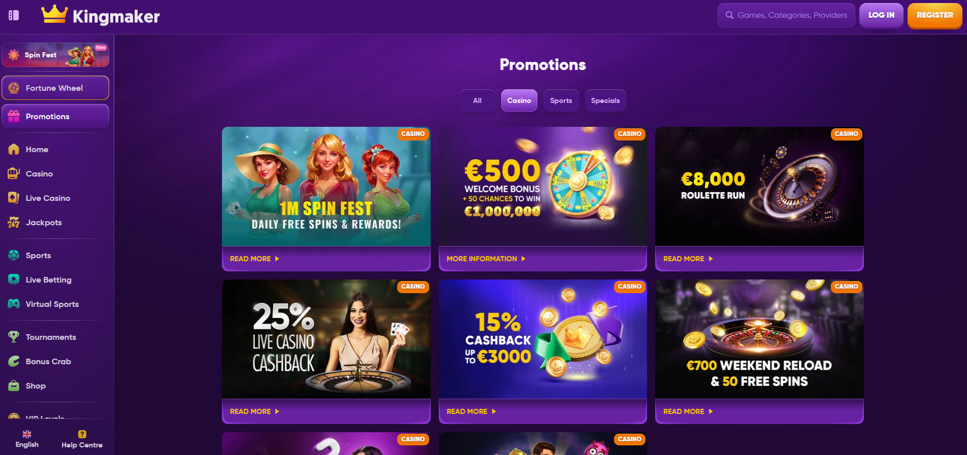 Kingmaker Casino screenshot: Promotions