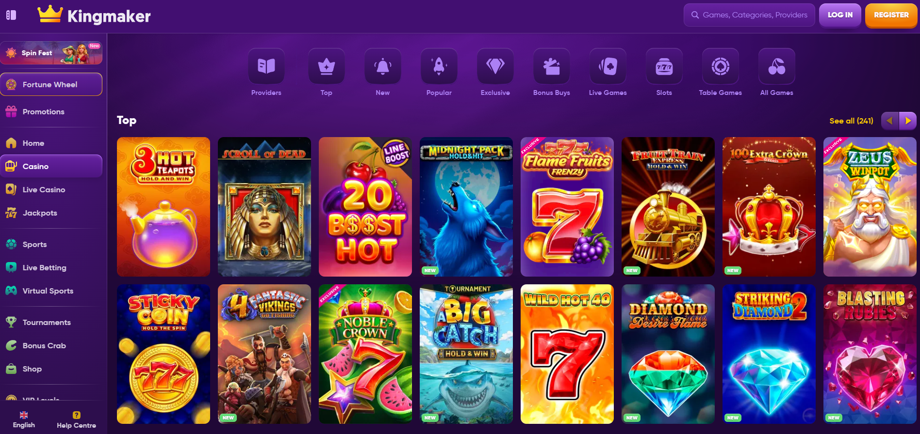Kingmaker Casino screenshot: Slots