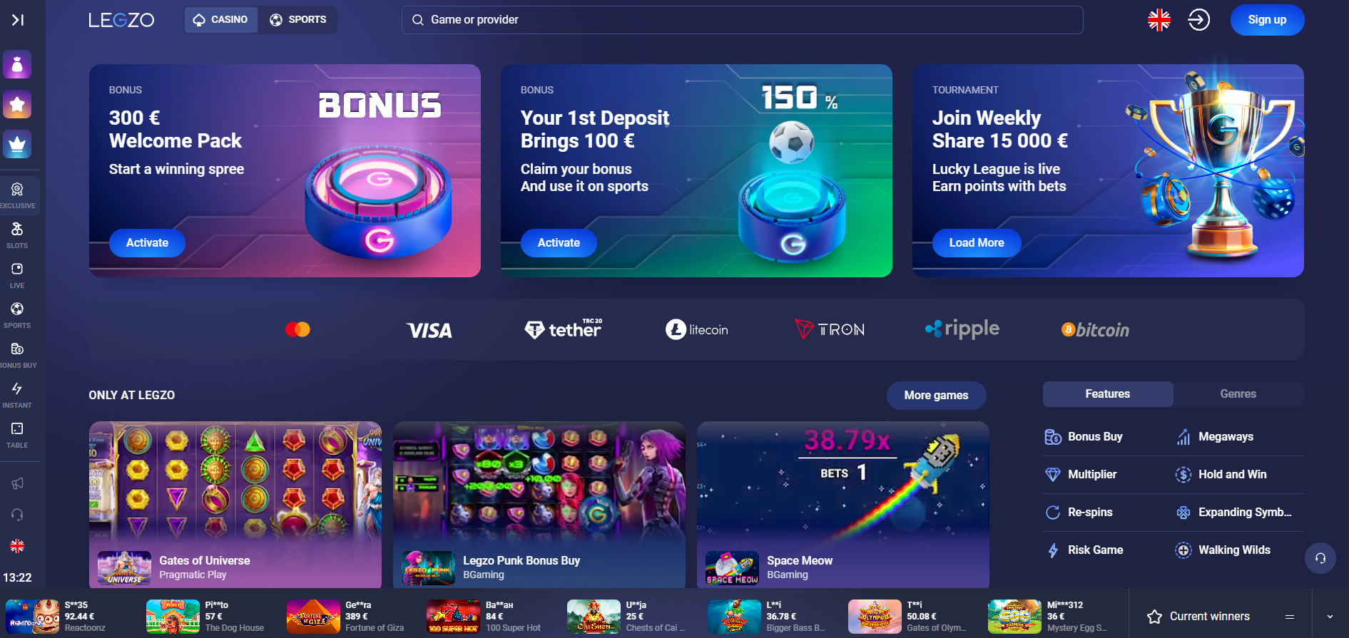 Legzo Casino screenshot: Homepage