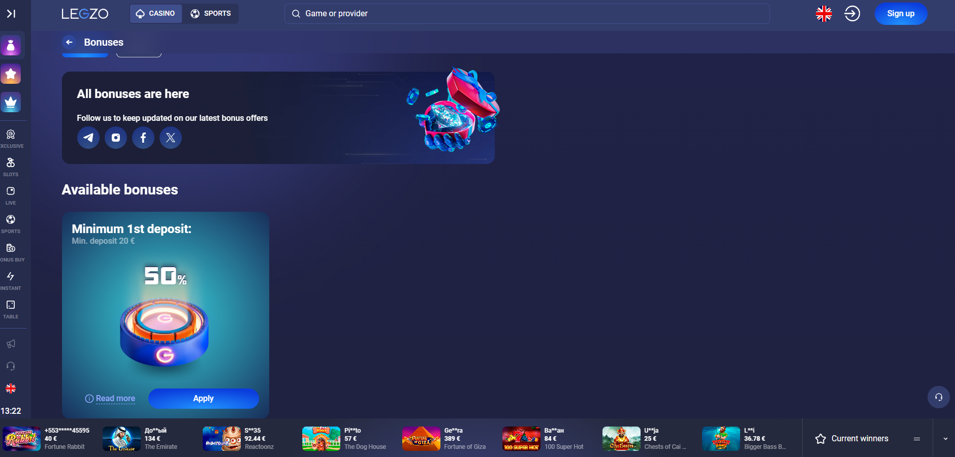 Legzo Casino screenshot: Promotions