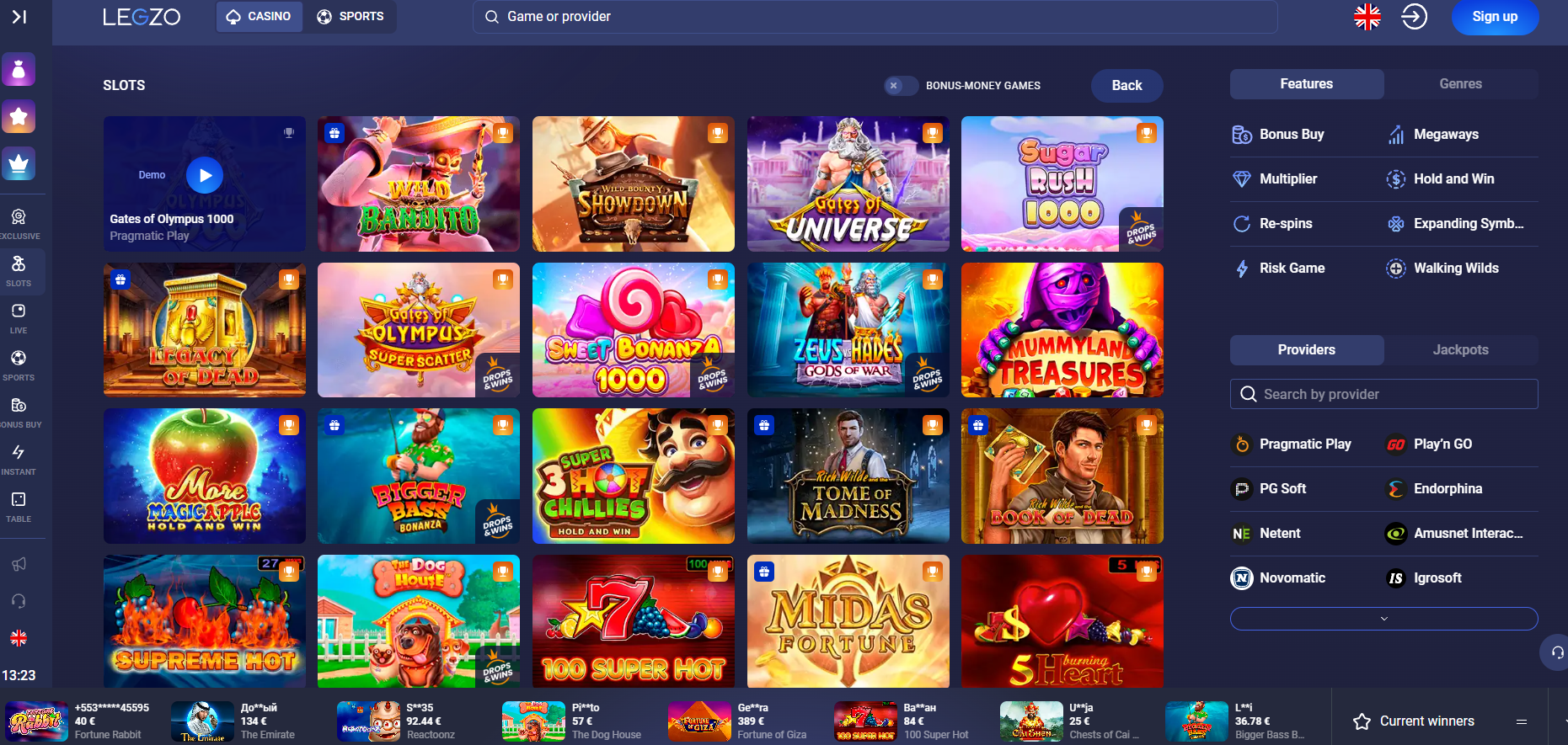 Legzo Casino screenshot: Slots