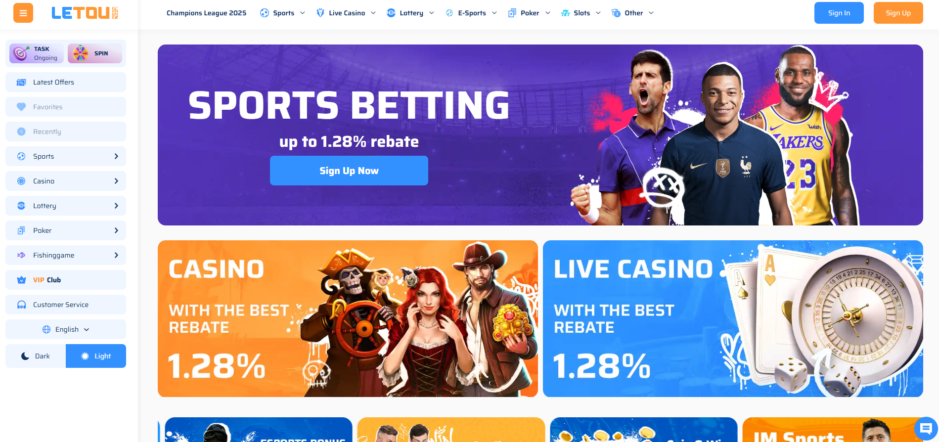 Letou Casino screenshot: Homepage