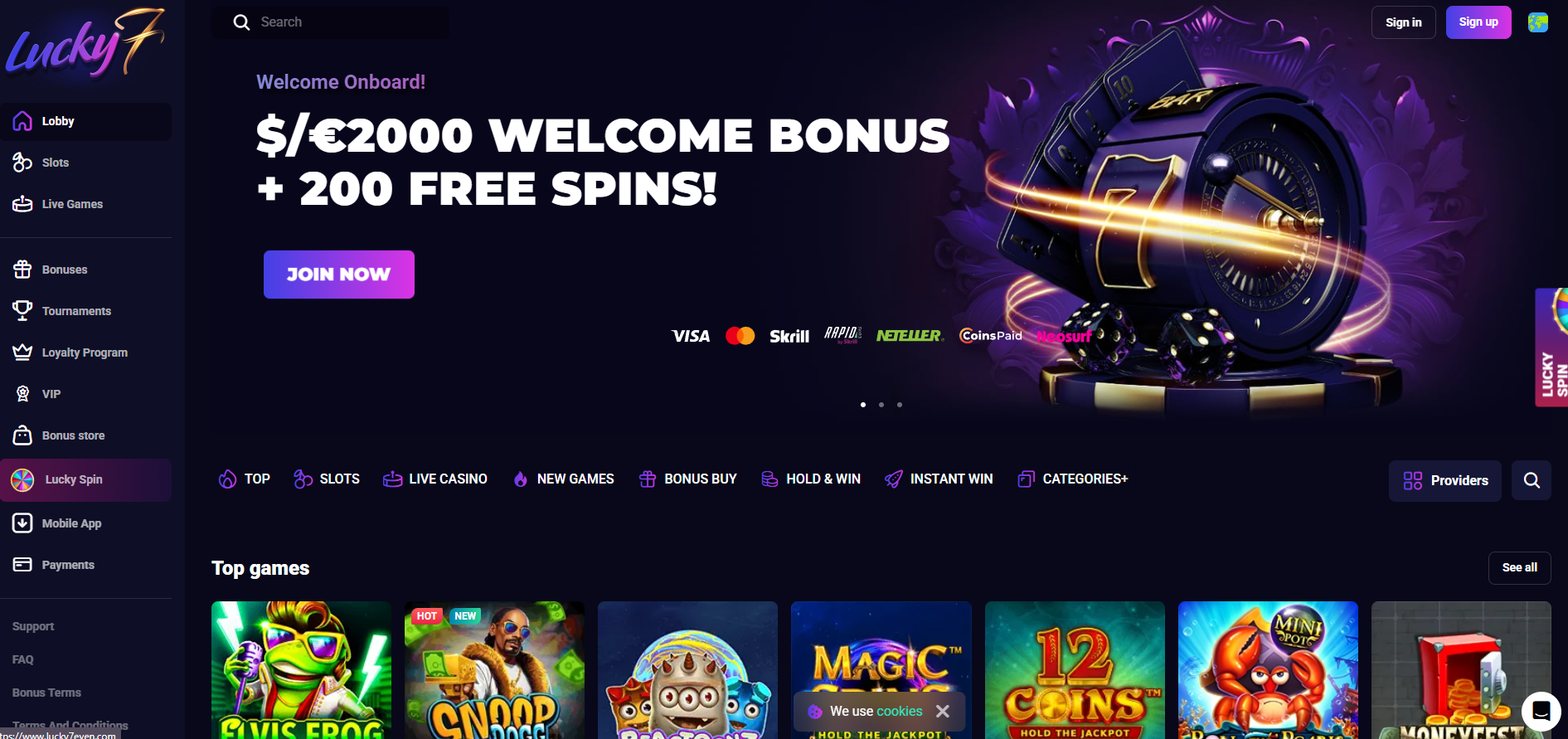 Lucky7even screenshot: Homepage