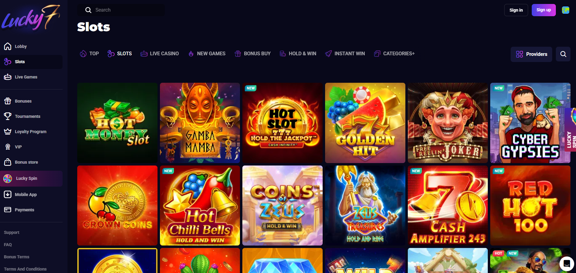 Lucky7even screenshot: Slots