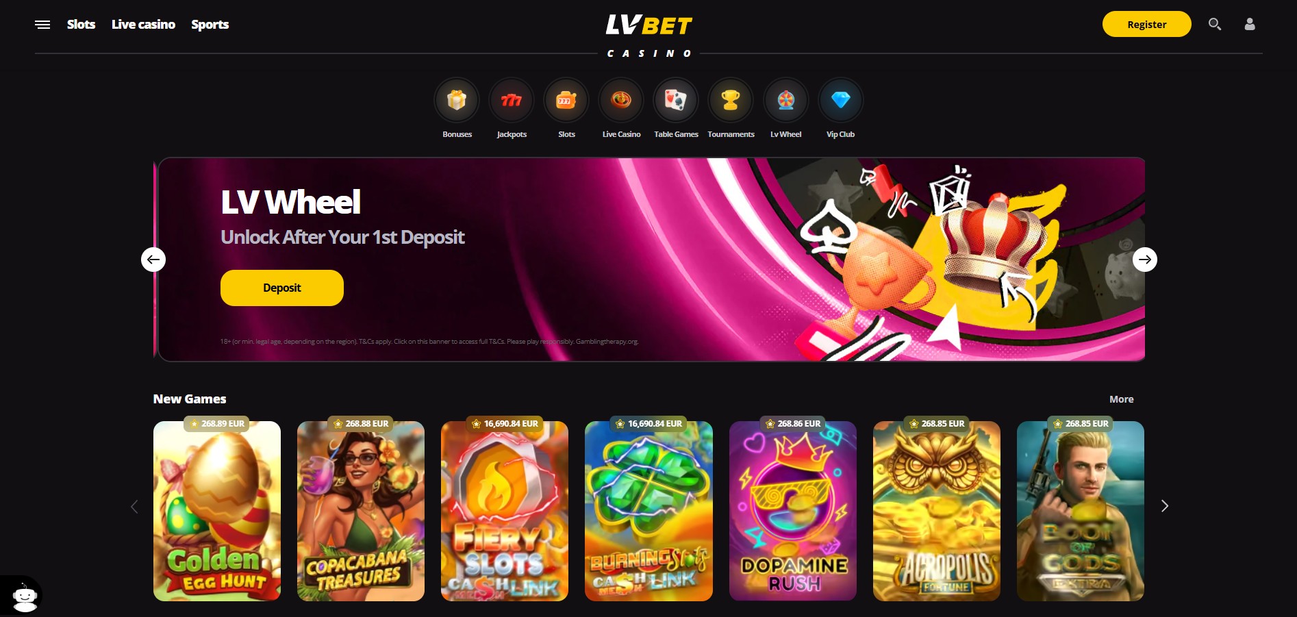 LV Bet Casino screenshot: Homepage