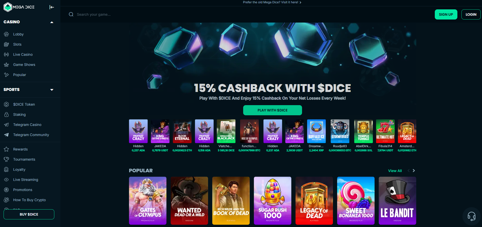 Mega Dice Casino screenshot: Homepage