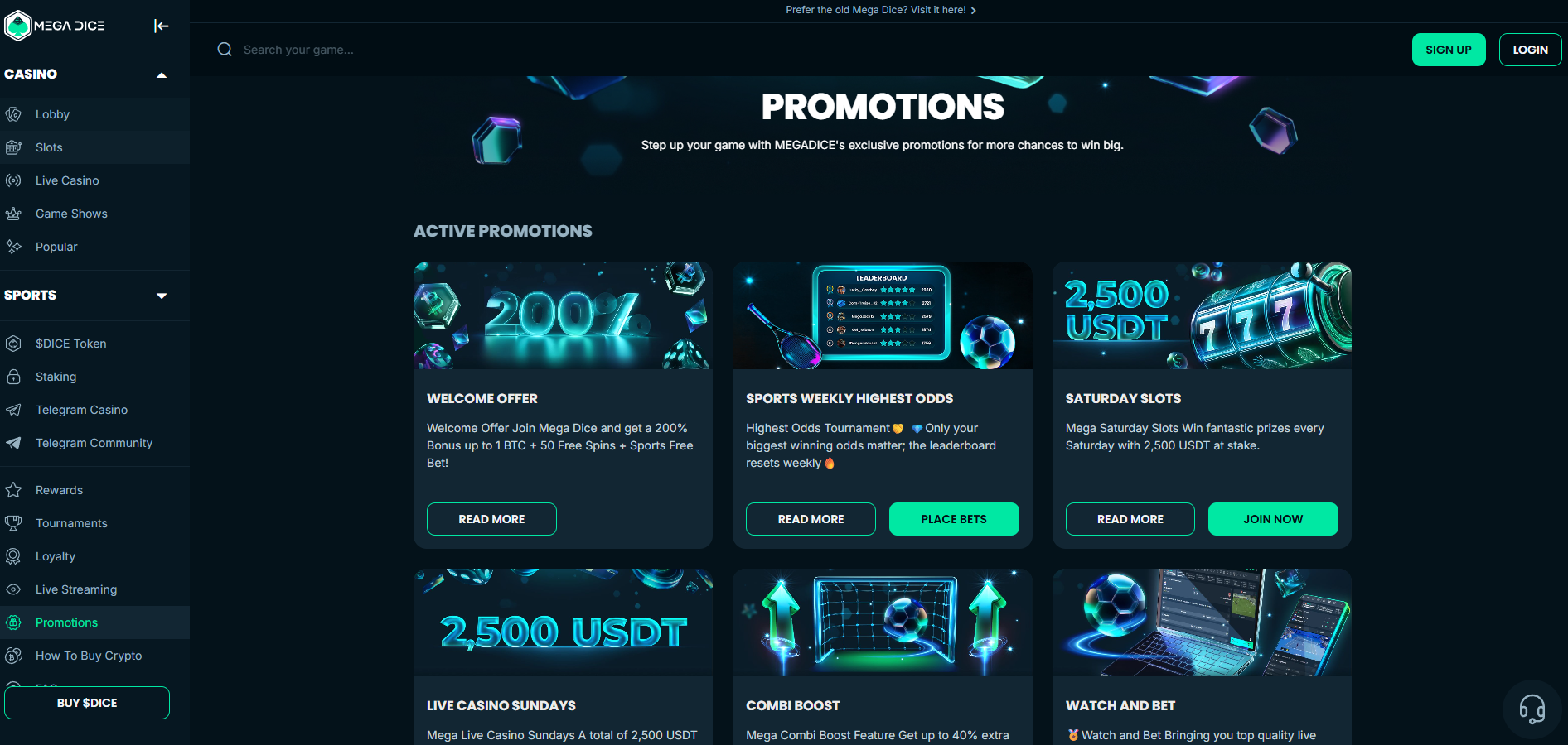 Mega Dice Casino screenshot: Promotions