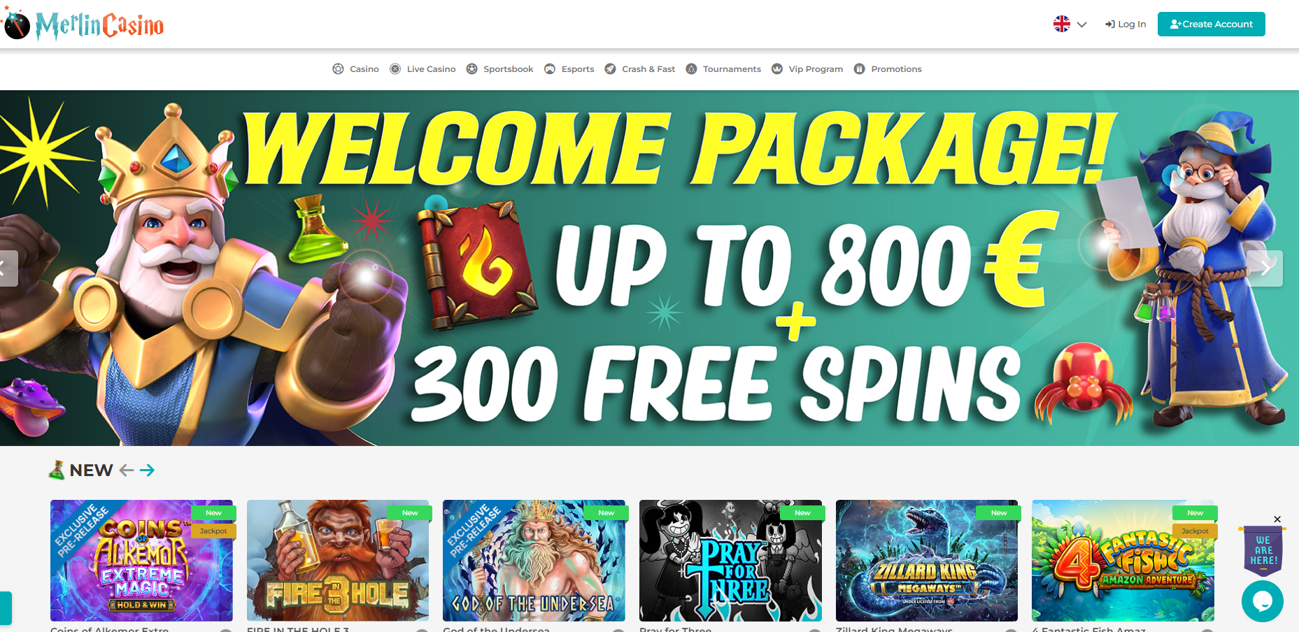 Merlin Casino screenshot: Homepage