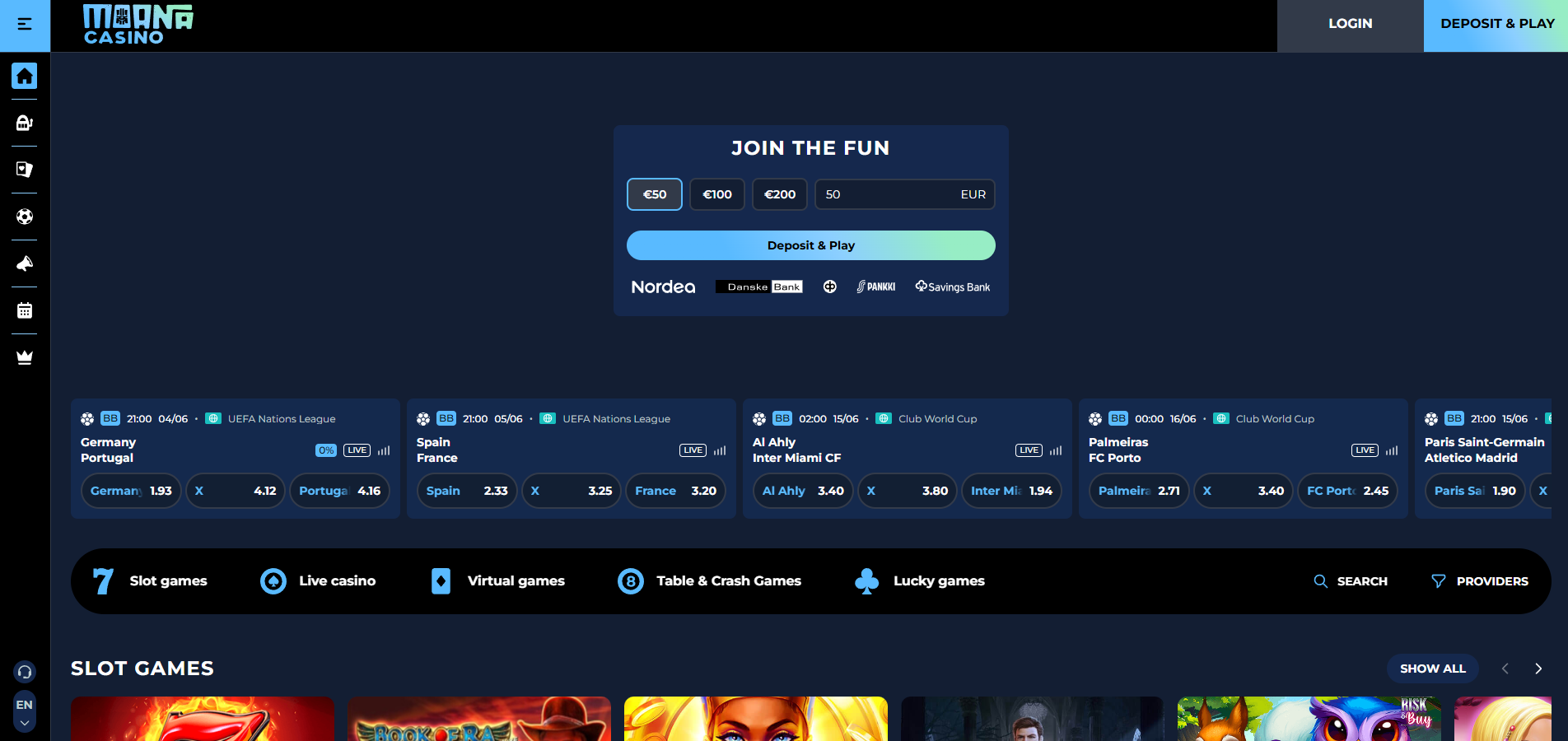 Moana Casino screenshot: Homepage