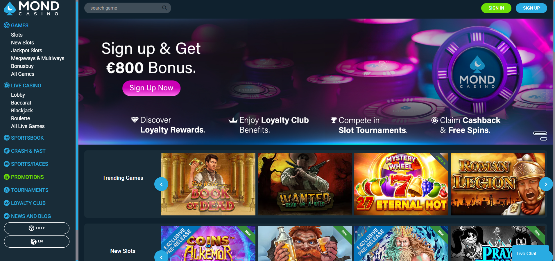 Mond Casino screenshot: Homepage