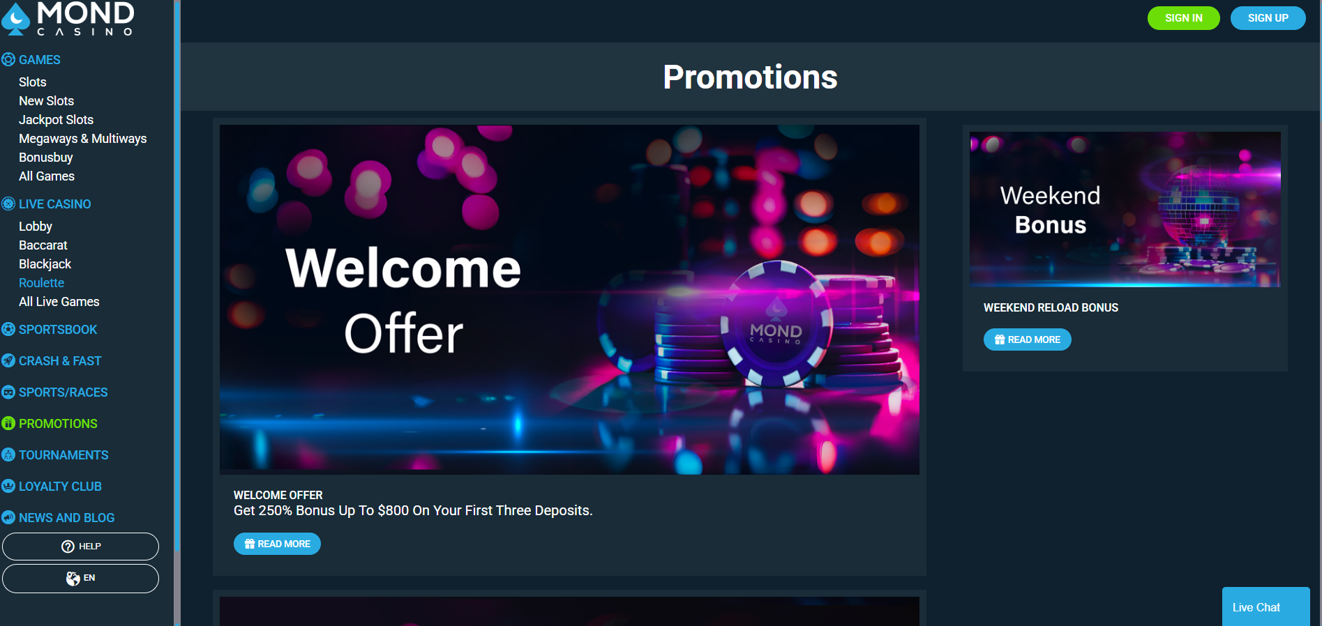 Mond Casino screenshot: Promotions
