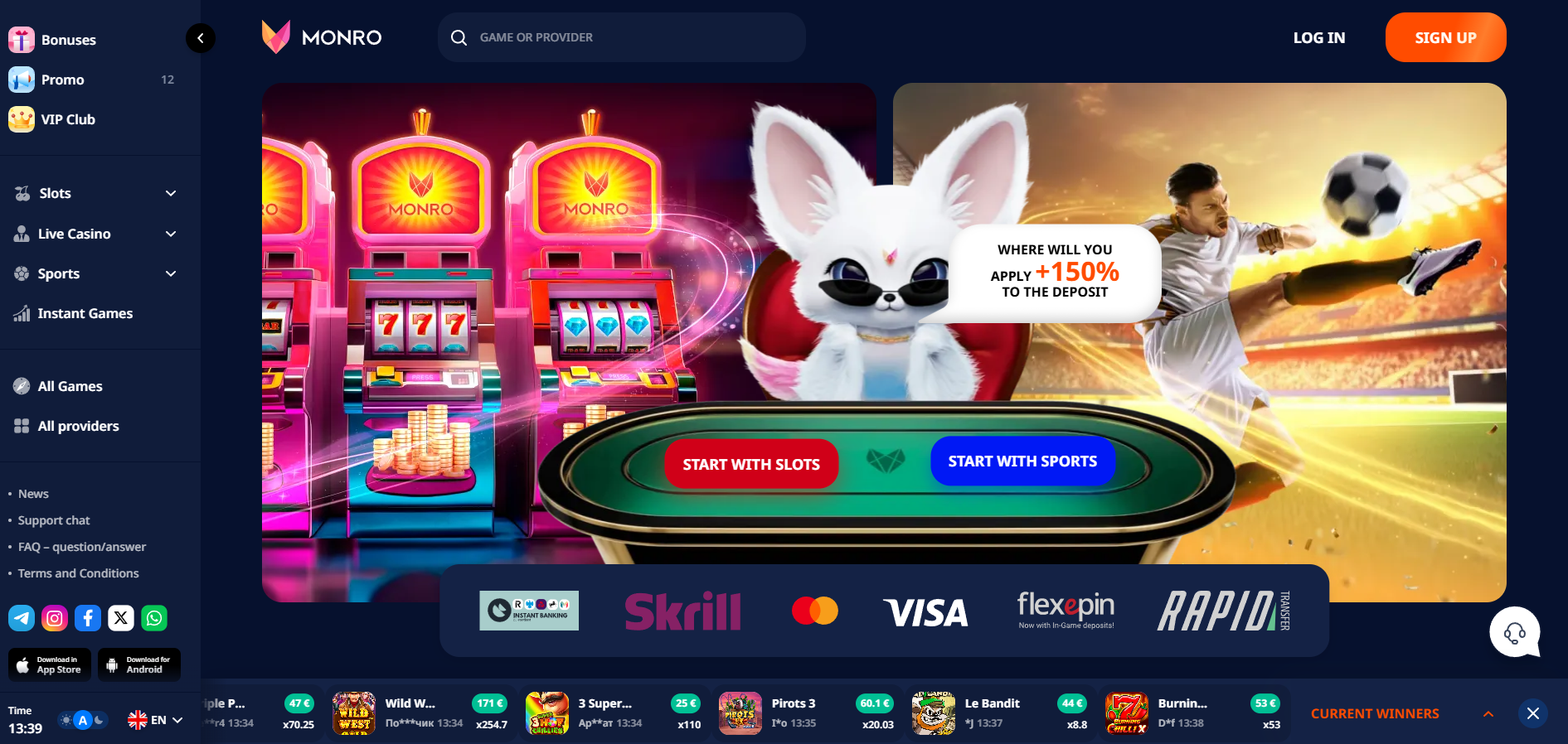 Monro Casino screenshot: Homepage