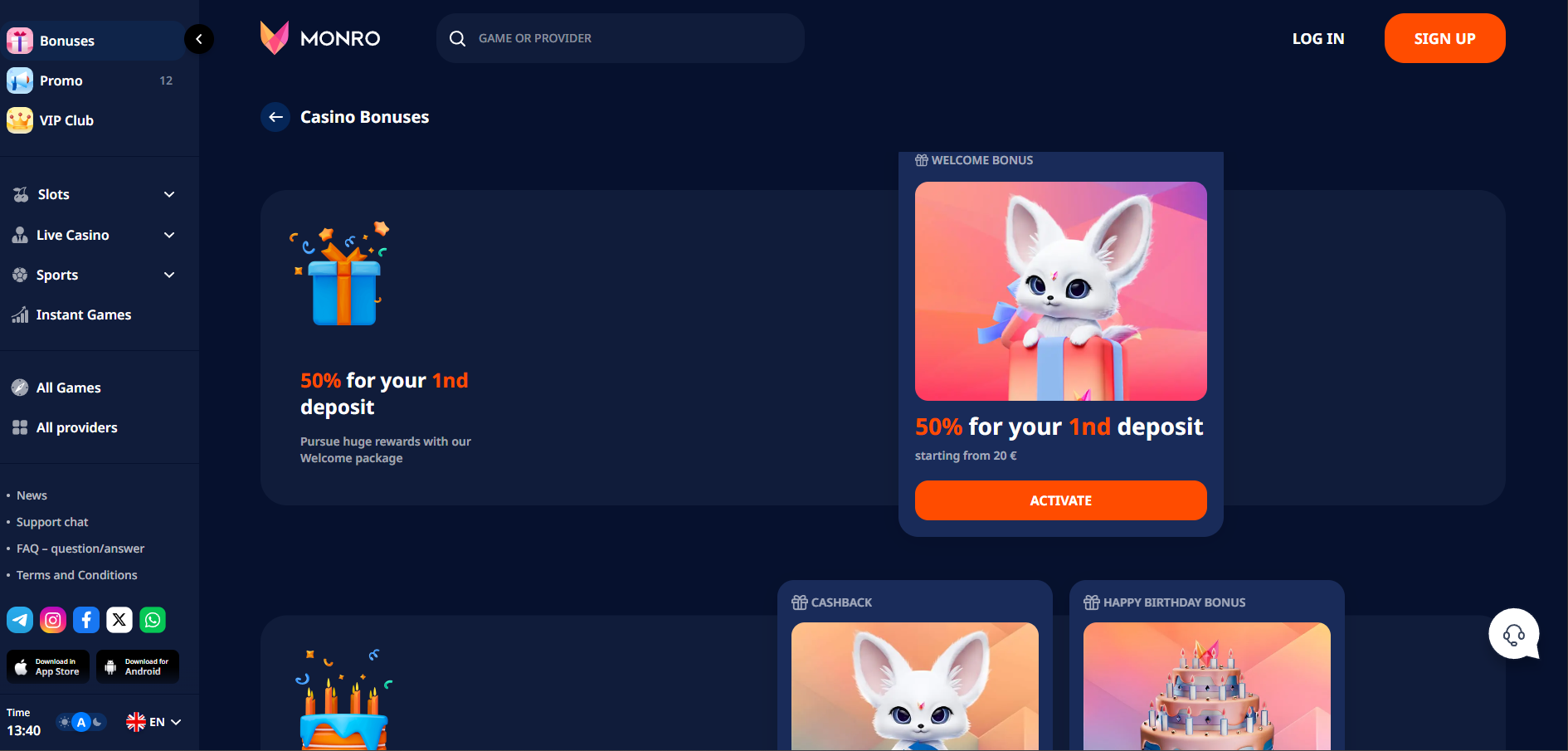Monro Casino screenshot: Promotions