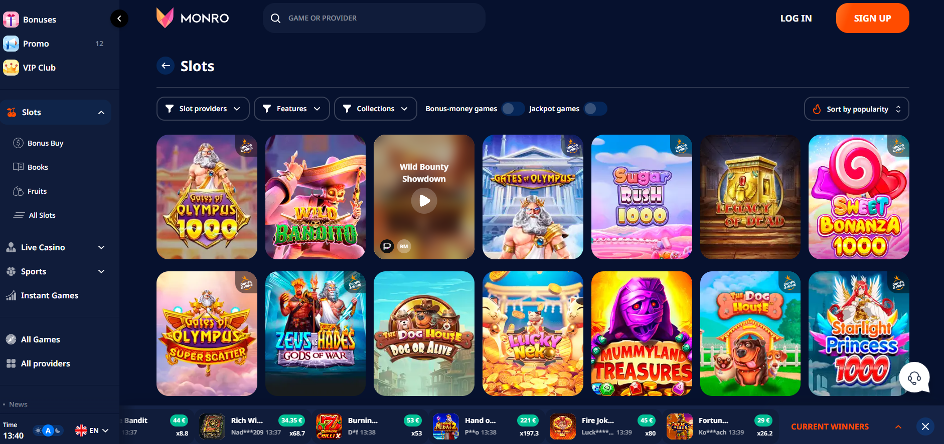 Monro Casino screenshot: Slots