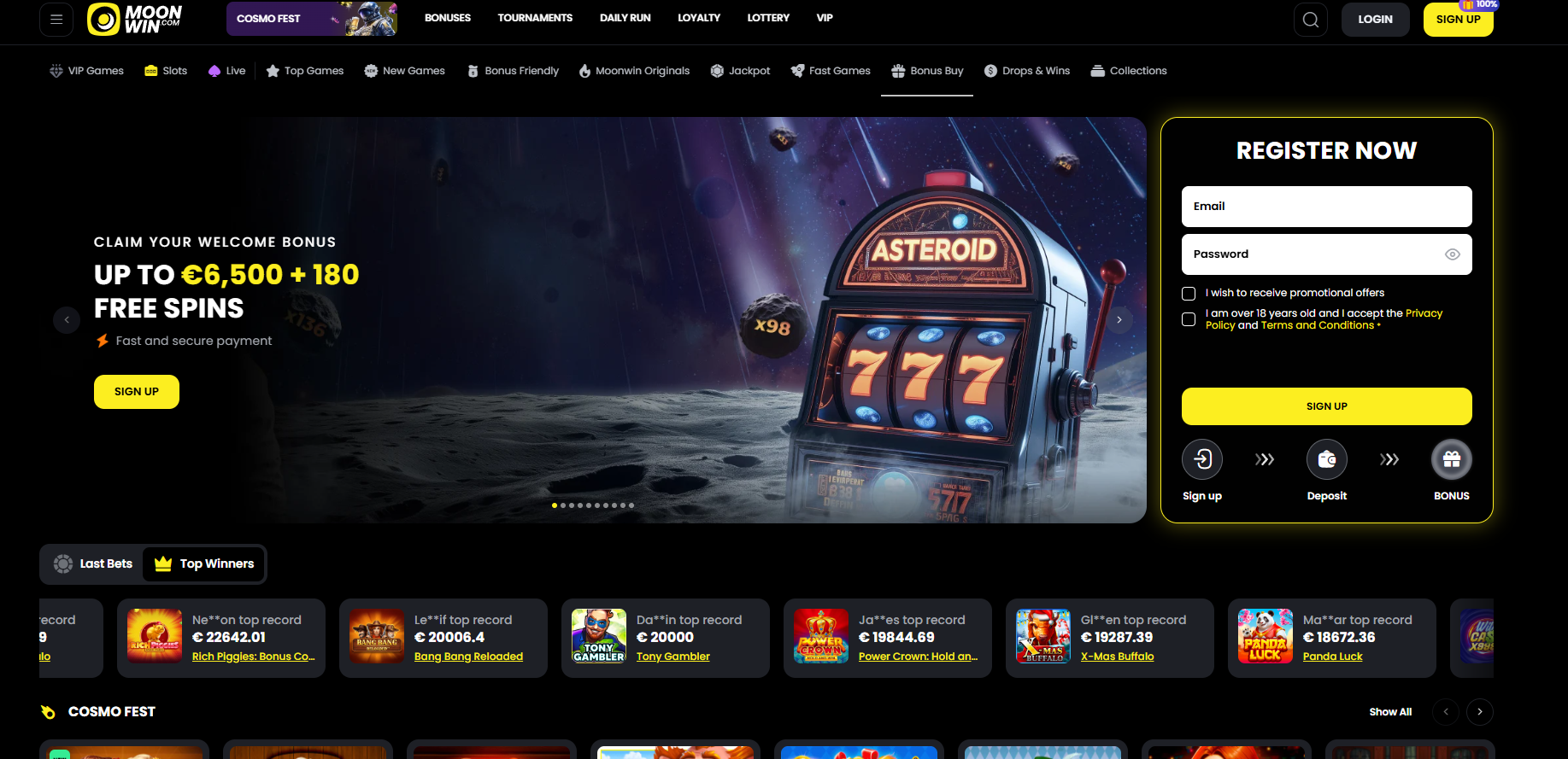 Moonwin Casino screenshot: Homepage