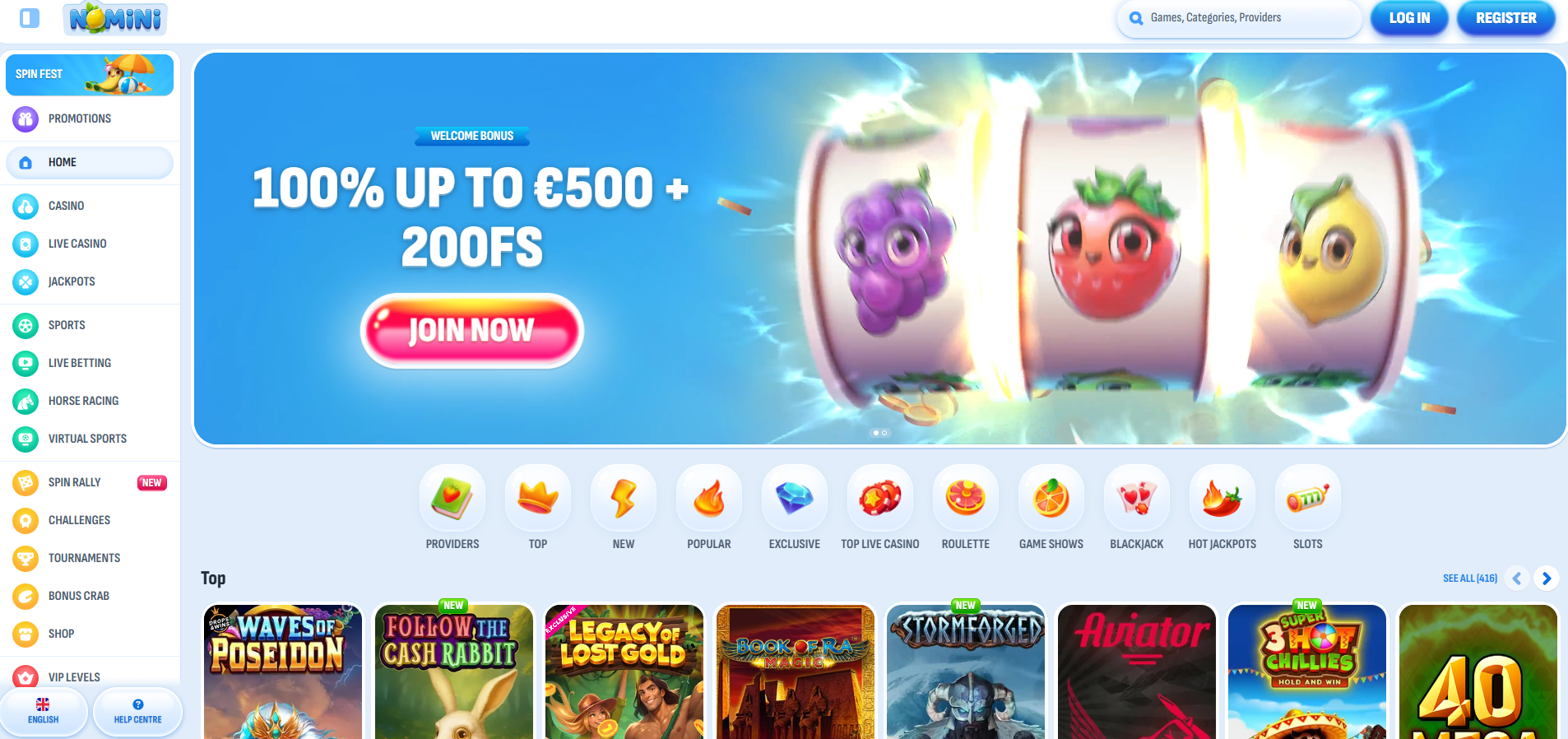 Nomini Casino screenshot: Homepage
