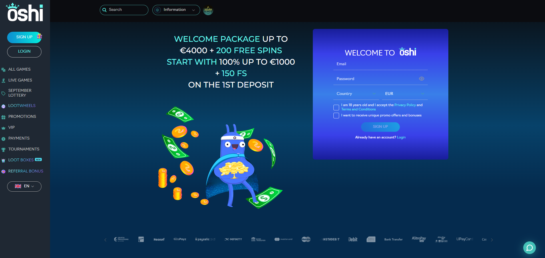 Oshi Casino screenshot: Homepage