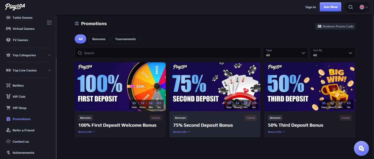 Playoda Casino screenshot: Promotions