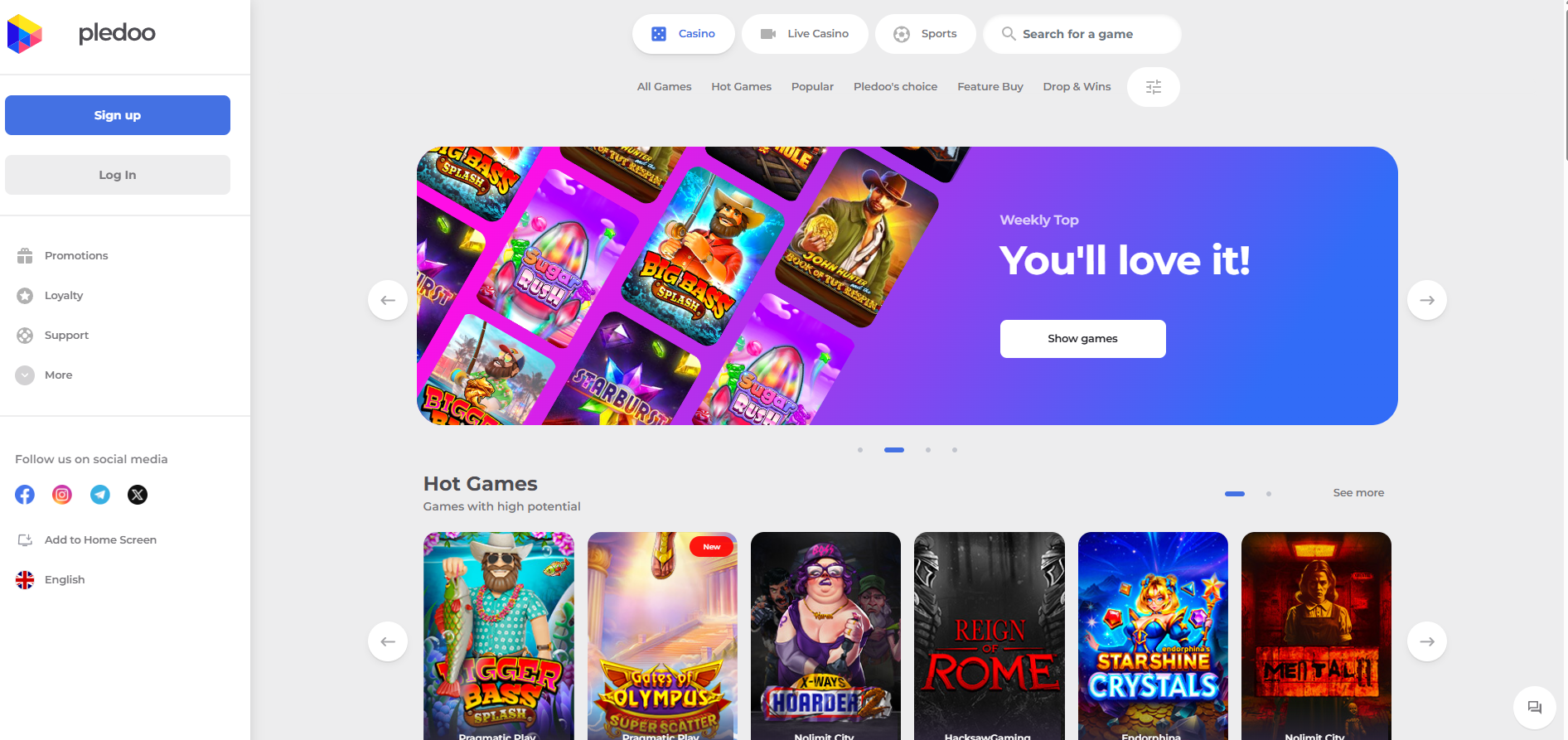 Pledoo Casino screenshot: Homepage