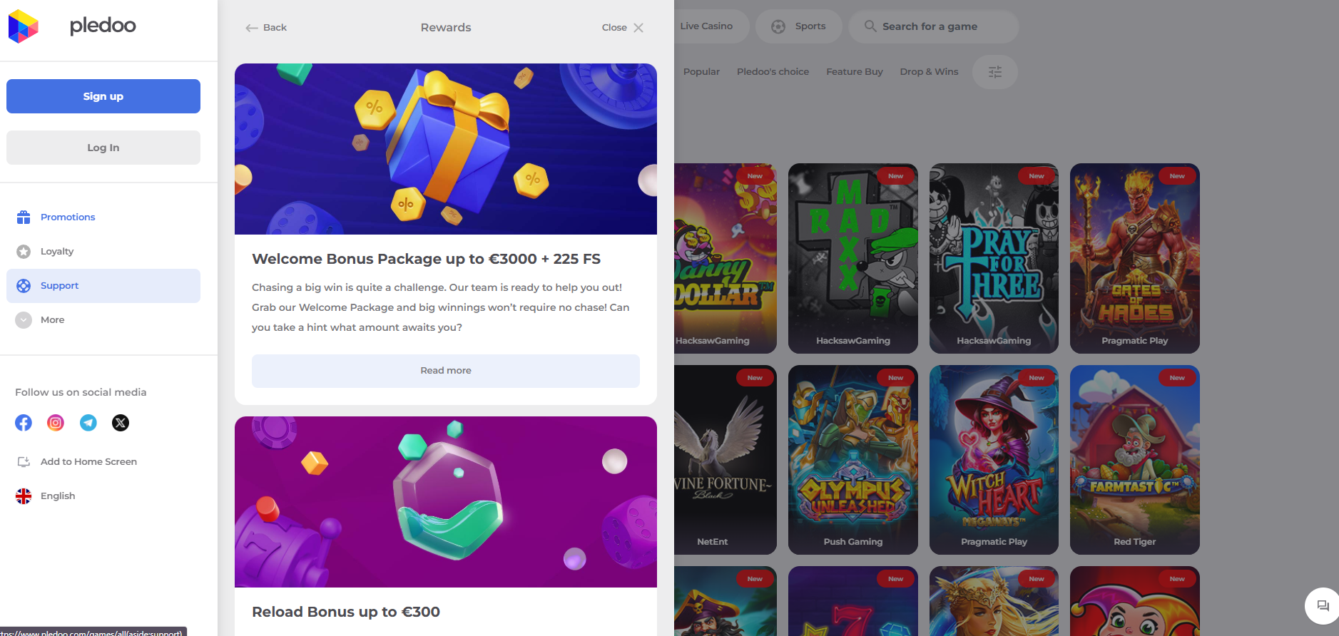 Pledoo Casino screenshot: Promotions