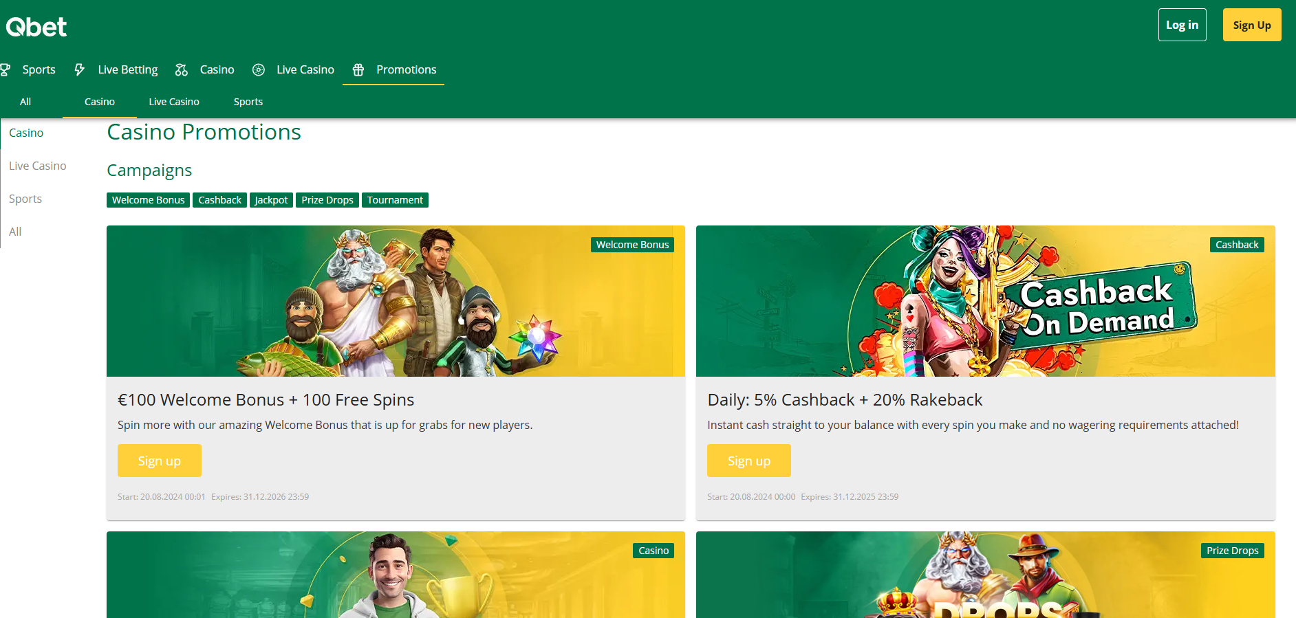 Qbet screenshot: Promotions
