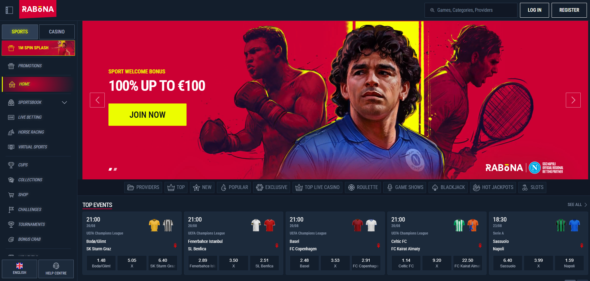 Rabona Casino screenshot: Homepage