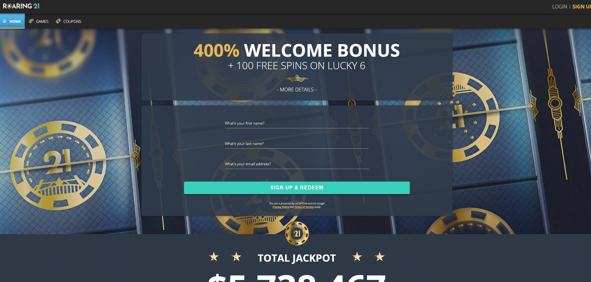 Roaring21 Casino screenshot: Homepage